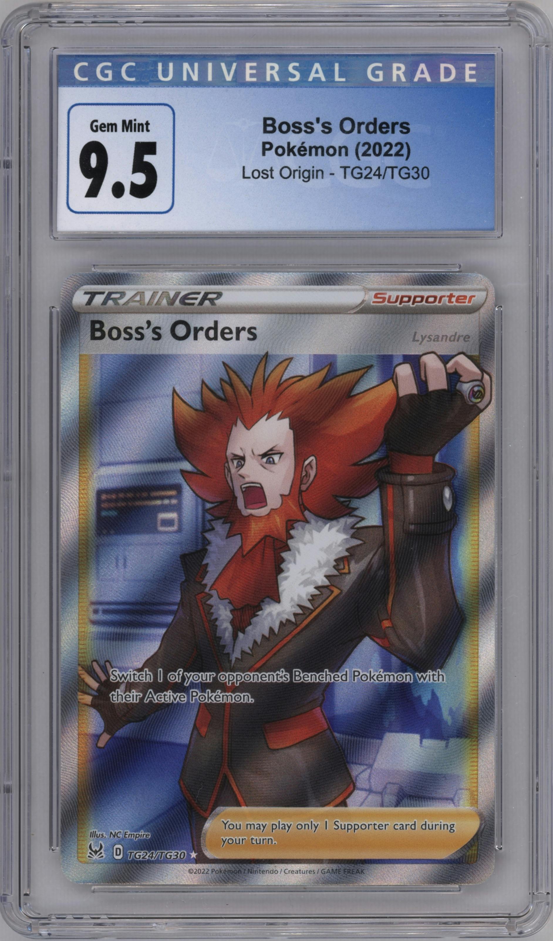 Boss's Orders from the 2022 Pokemon SWSH set graded by CSG and given an overall grade of 9.5.