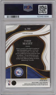 Tyrese Maxey from the 2023-24 Panini Select  set featuring a Cosmic parallel graded by PSA and given an overall grade of 10.