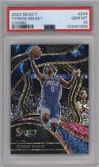 Tyrese Maxey from the 2023-24 Panini Select  set featuring a Cosmic parallel graded by PSA and given an overall grade of 10.