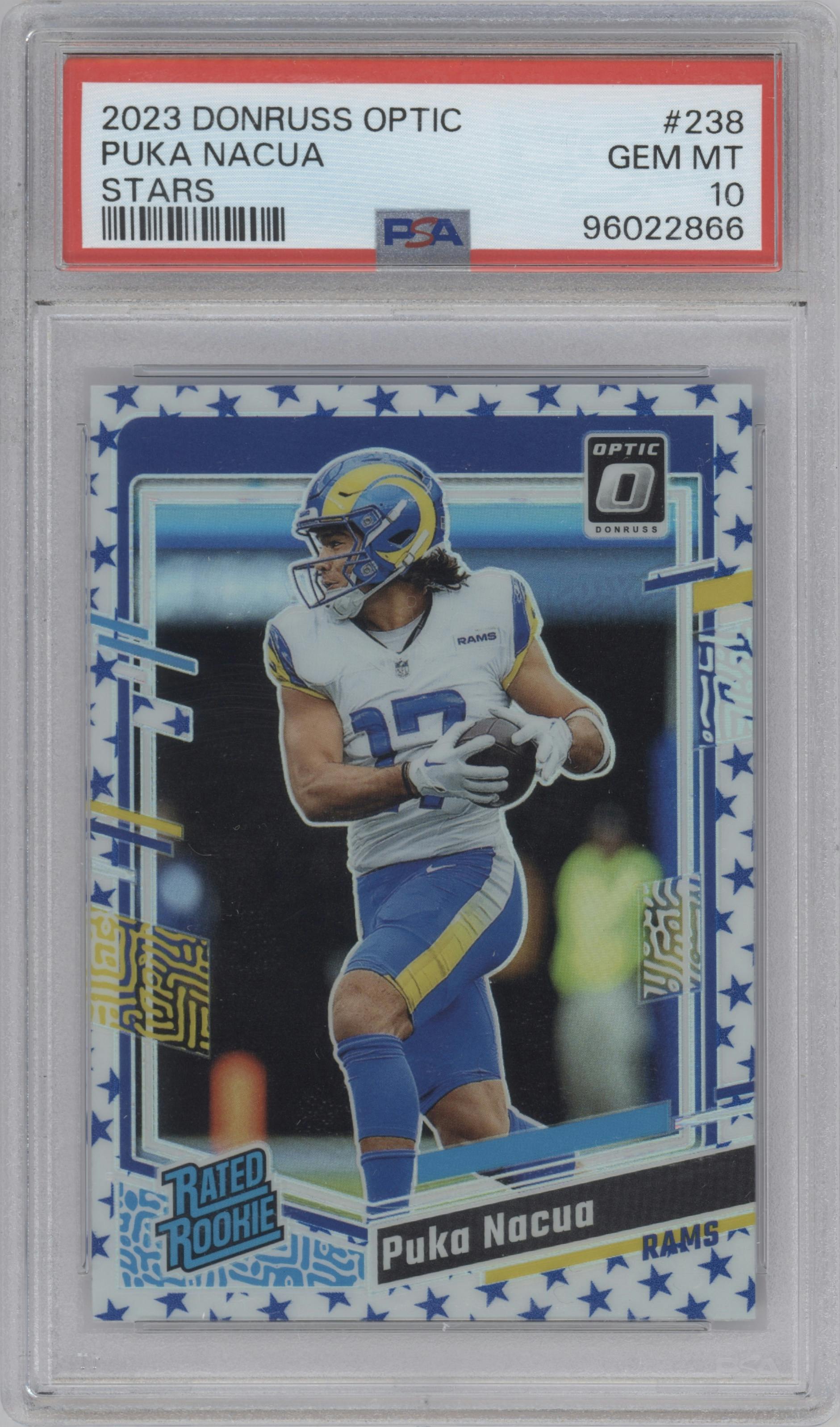Puka Nacua from the 2023 Donruss Optic set featuring a Stars parallel graded by PSA and given an overall grade of 10.