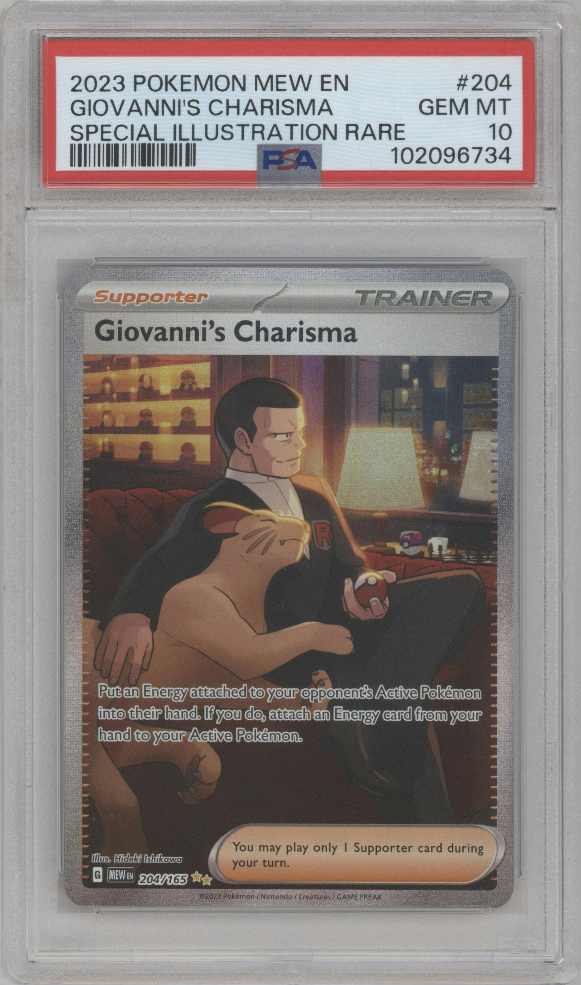 Giovanni's Charisma from the 2023 Pokemon SV set graded by PSA and given an overall grade of 10.