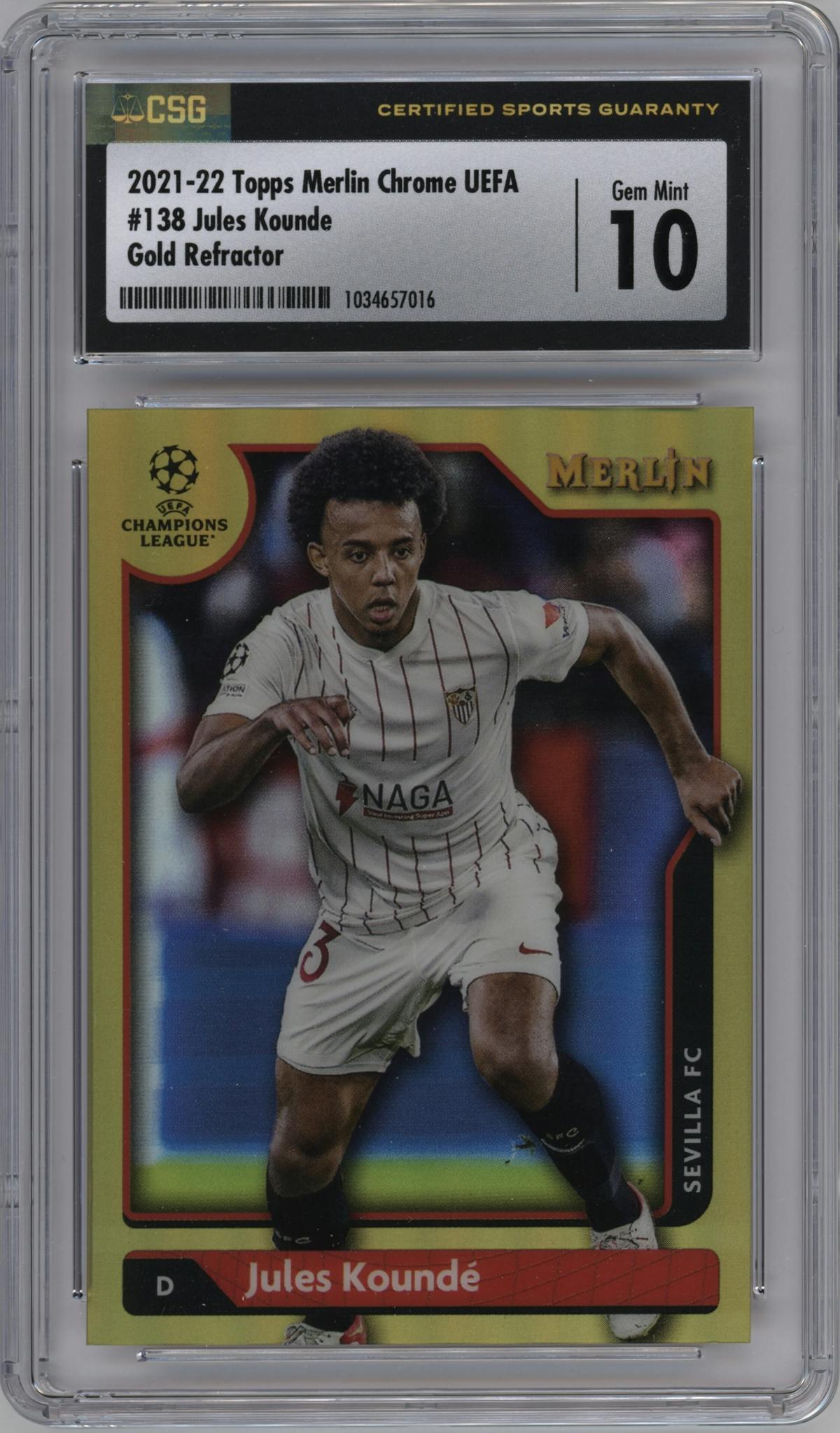 Jules Kounde from the 2021-22 Topps Merlin Chrome UEFA League set featuring a Gold Refractor parallel graded by CSG and given an overall grade of 10.