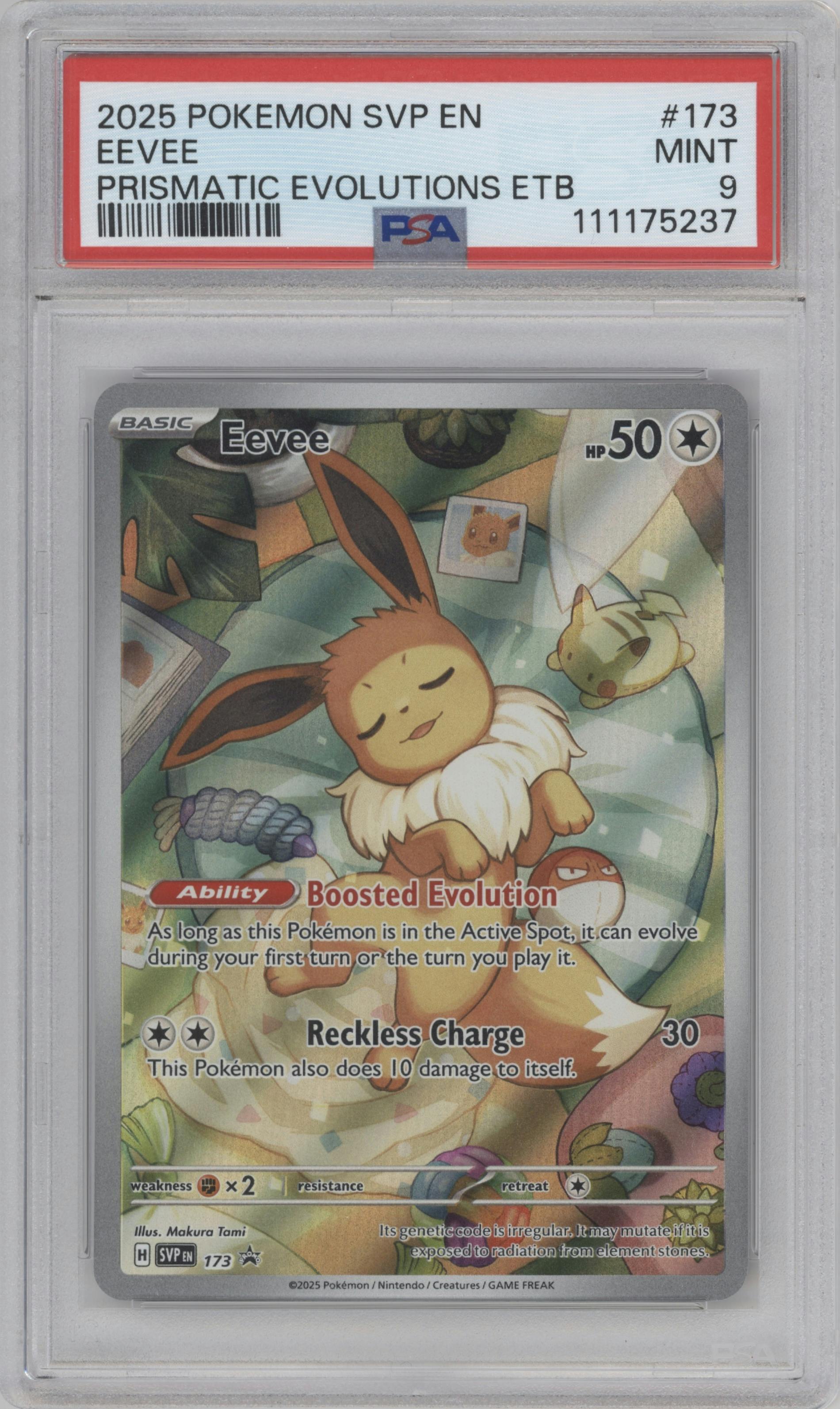 Eevee from the 2025 Pokemon SV set featuring a Prismatic Evolutions Elite Trainer Box parallel graded by PSA and given an overall grade of 9.