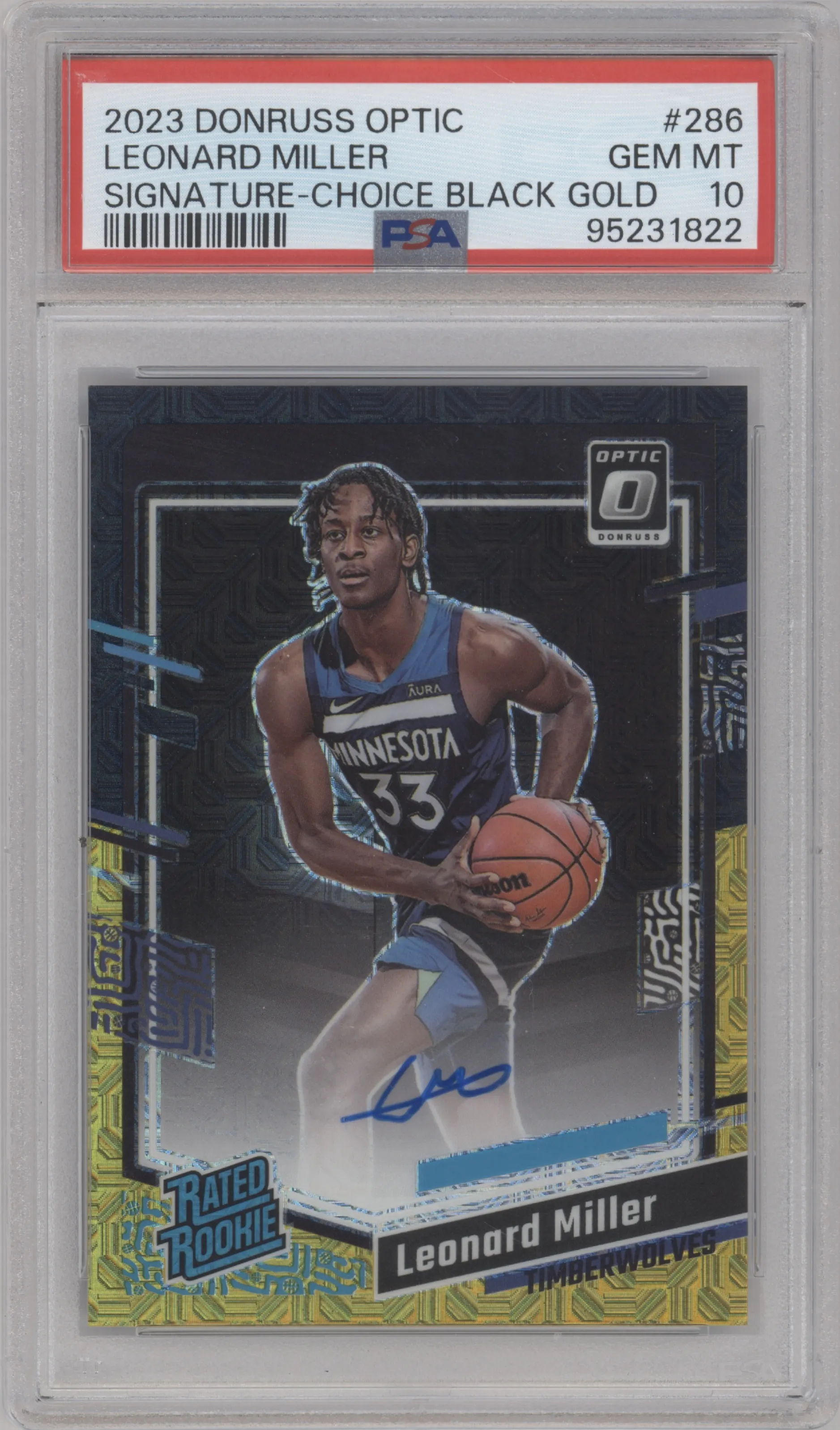 Leonard Miller from the 2023-24 Donruss Optic set featuring a Choice Black Gold parallel graded by PSA and given an overall grade of 10.