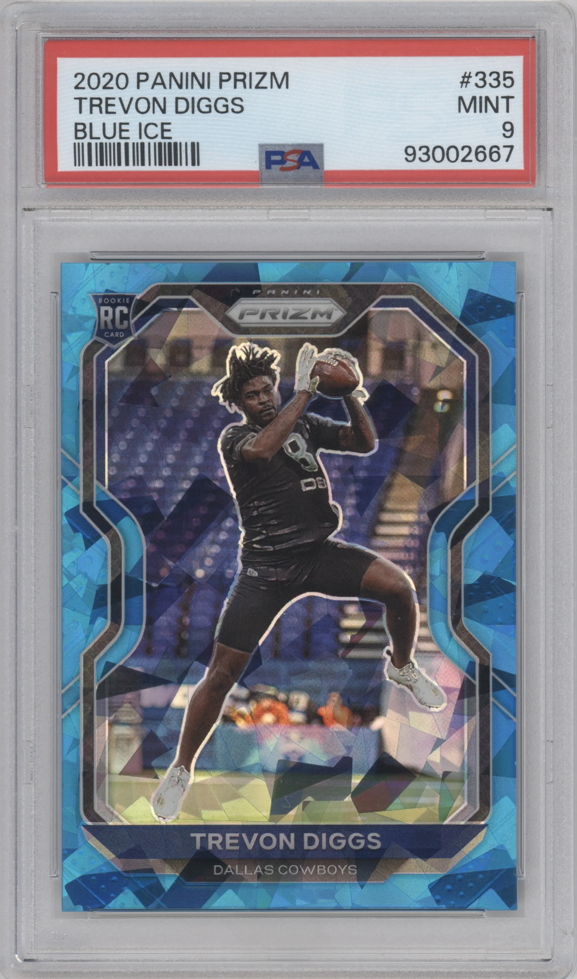 Trevon Diggs from the 2020 Panini Prizm set featuring a Blue Ice parallel graded by PSA and given an overall grade of 9.