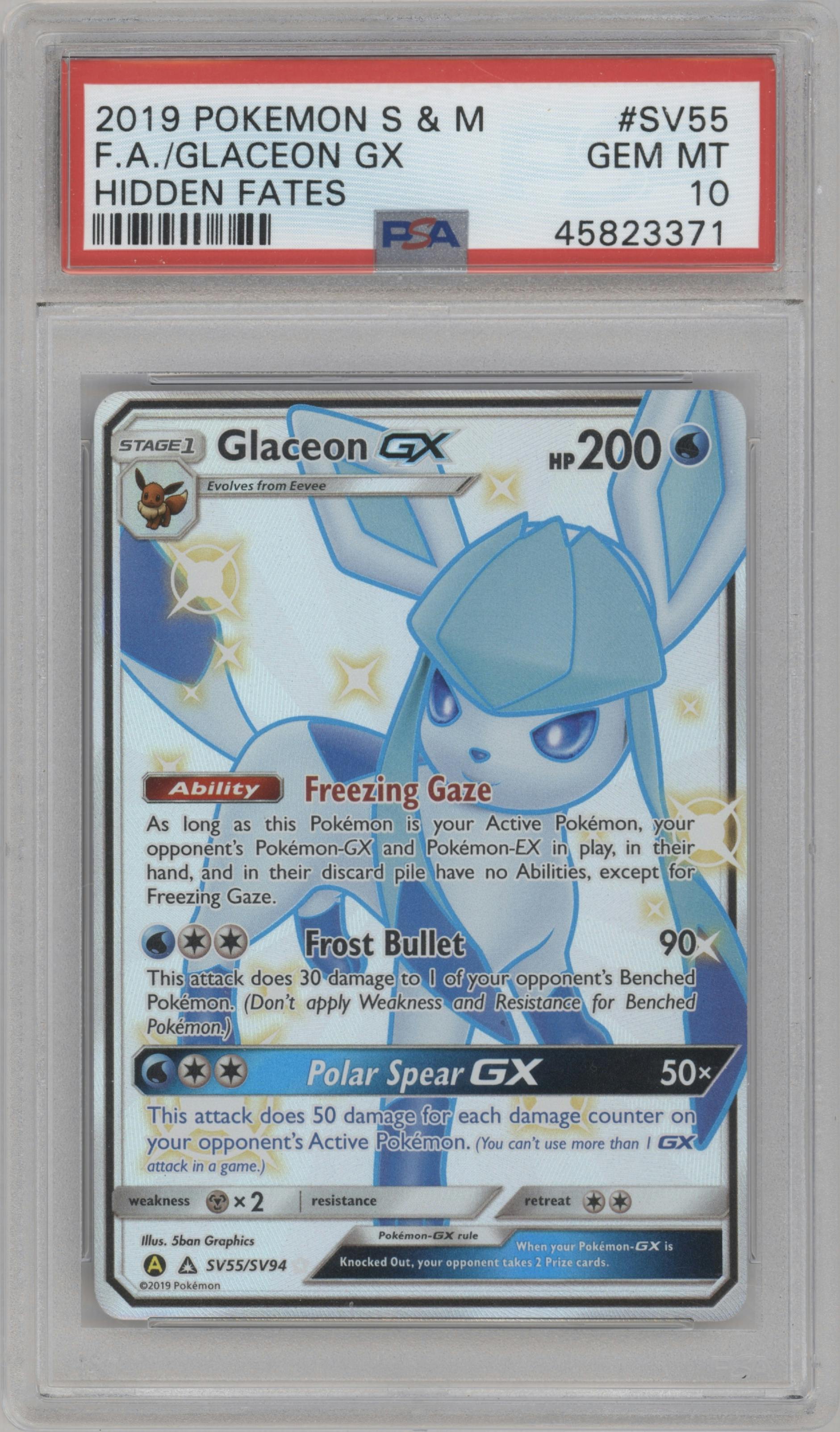 Glaceon GX from the 2019 Pokemon S&M  set graded by PSA and given an overall grade of 10.