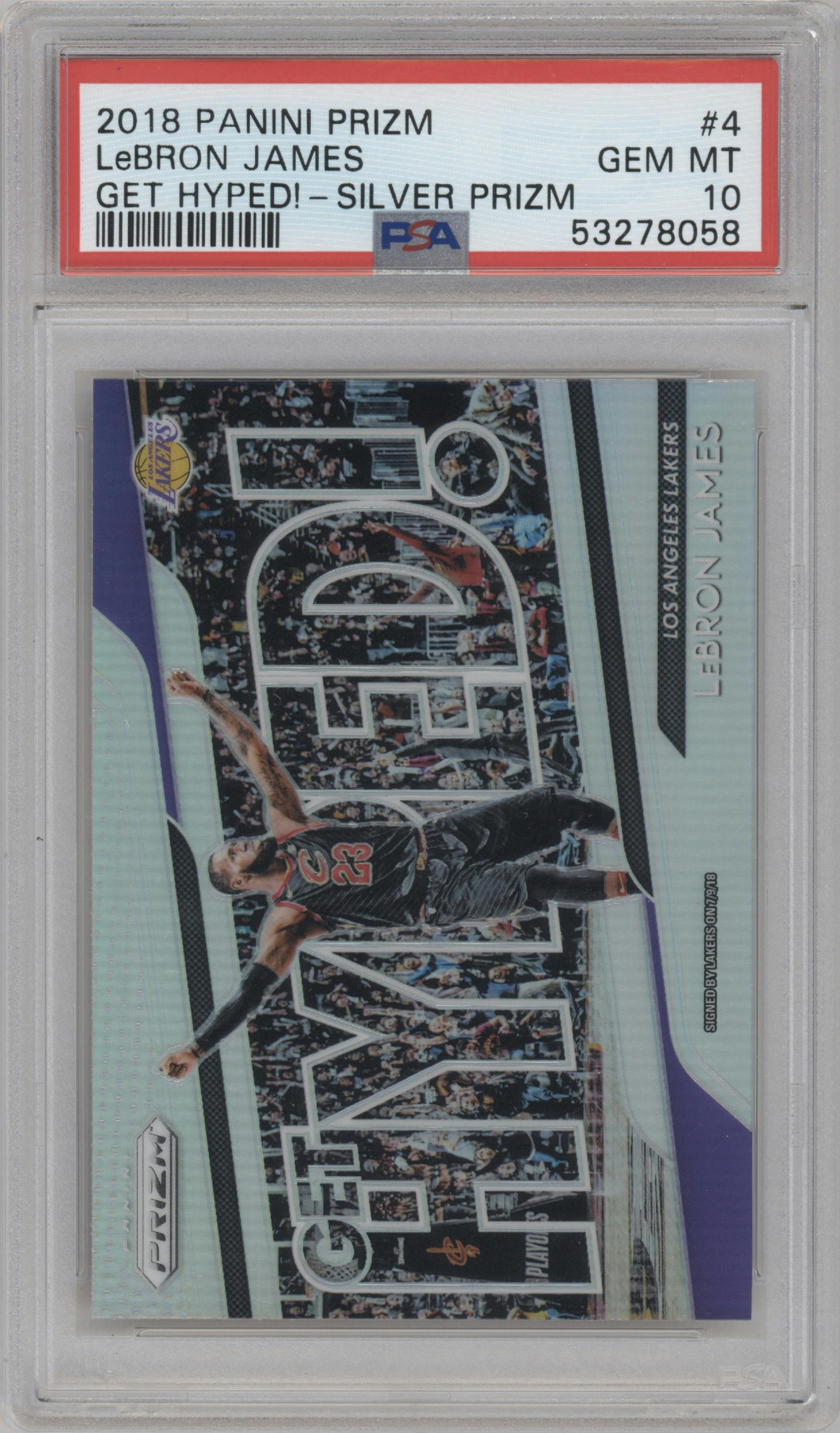 LeBron James from the 2018-19 Panini Prizm set featuring a Silver Prizm parallel graded by PSA and given an overall grade of 10.