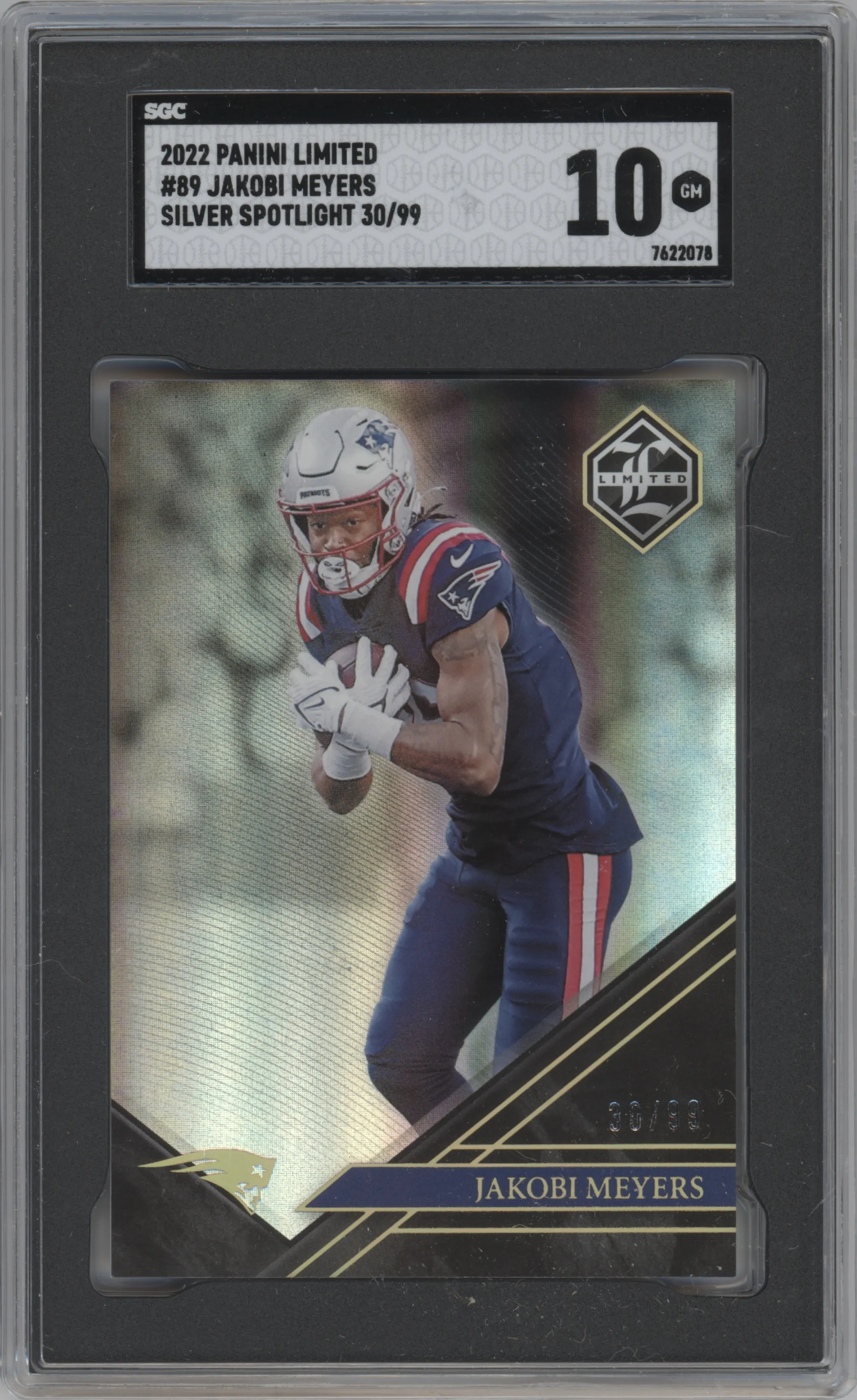 Jakobi Meyers from the 2022 Panini Limited set featuring a Gold Spotlight parallel graded by SGC and given an overall grade of 10.