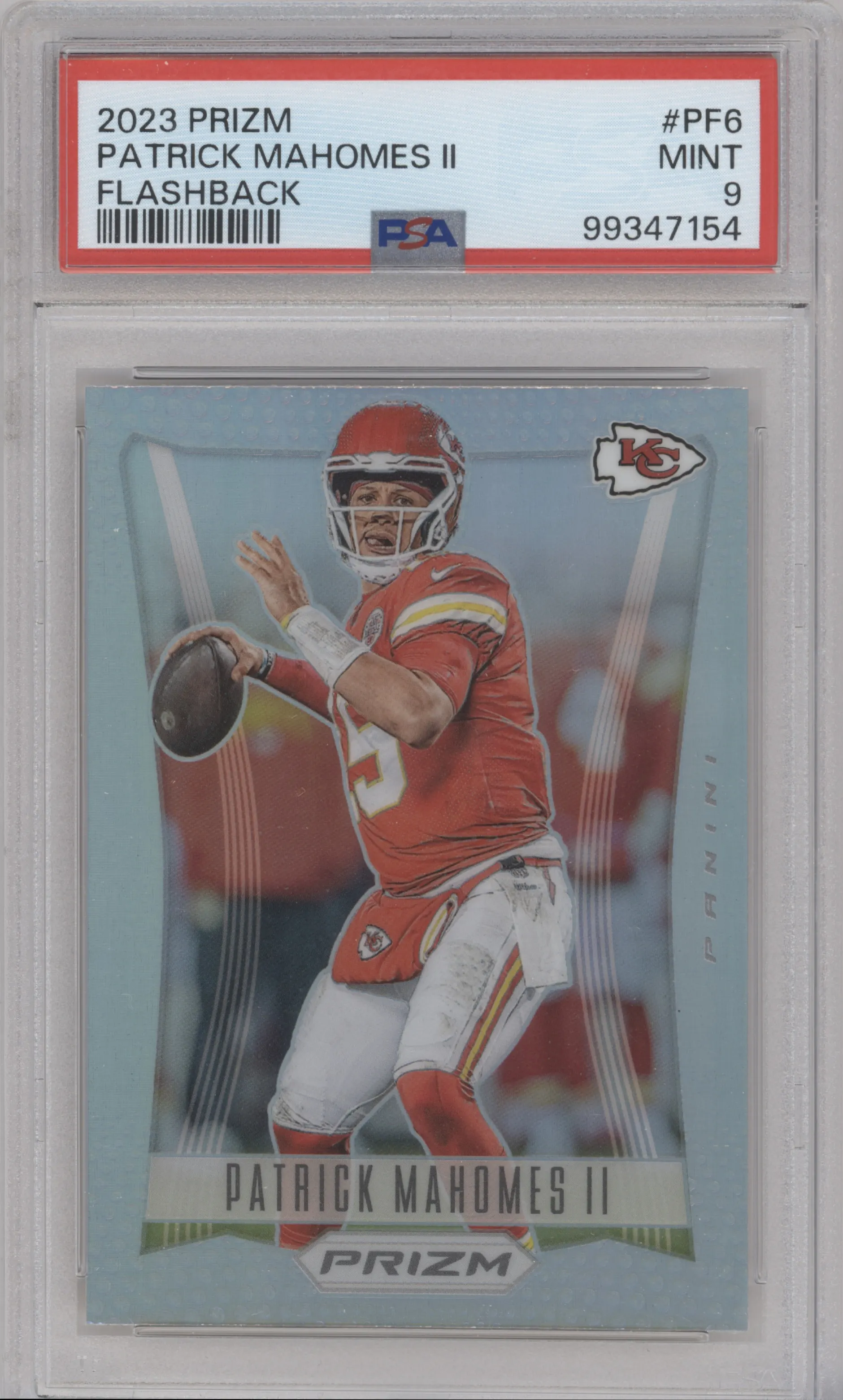 Patrick Mahomes II from the 2023 Panini Prizm set graded by PSA and given an overall grade of 9.