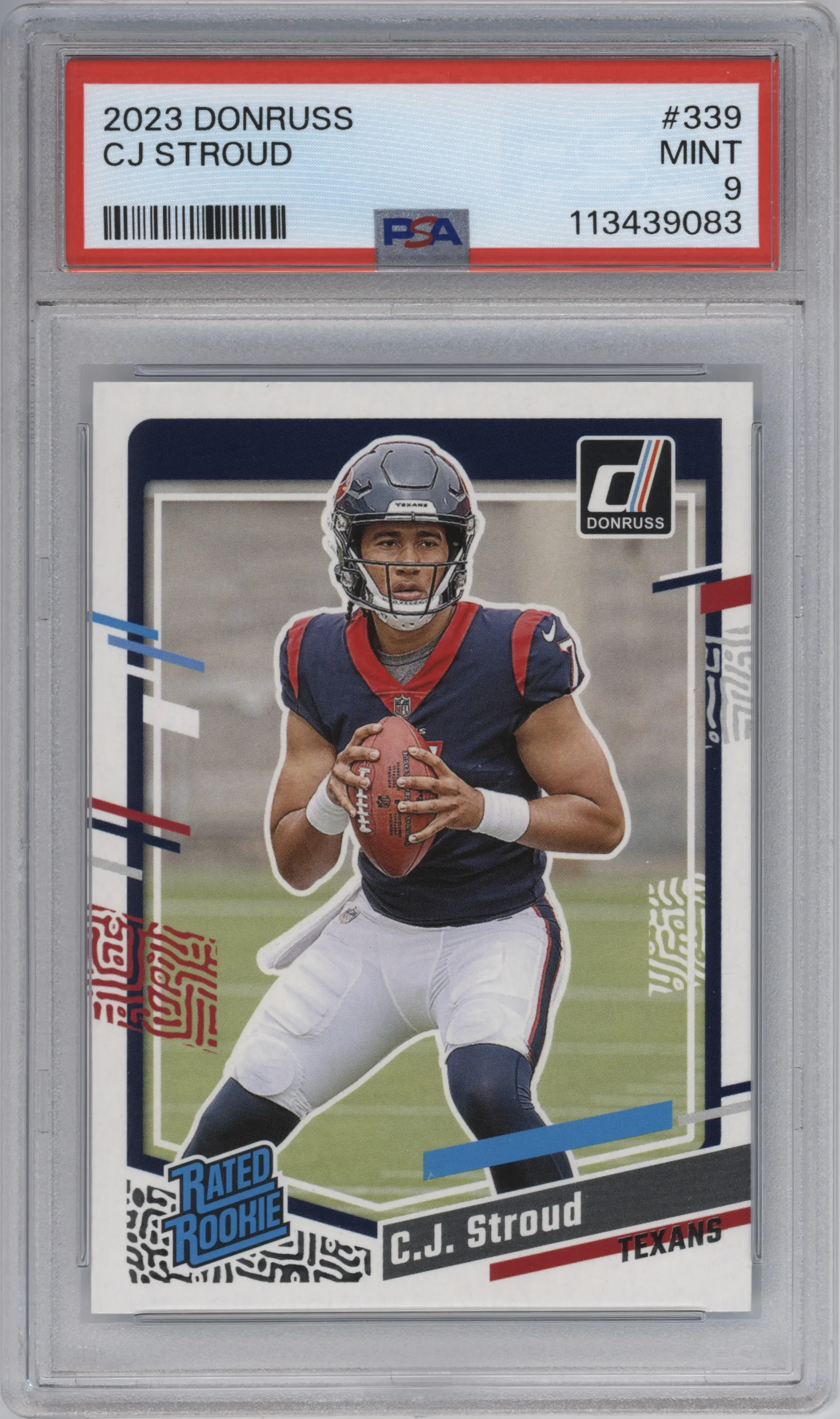 C.J. Stroud from the 2023 Panini Donruss set graded by PSA and given an overall grade of 9.