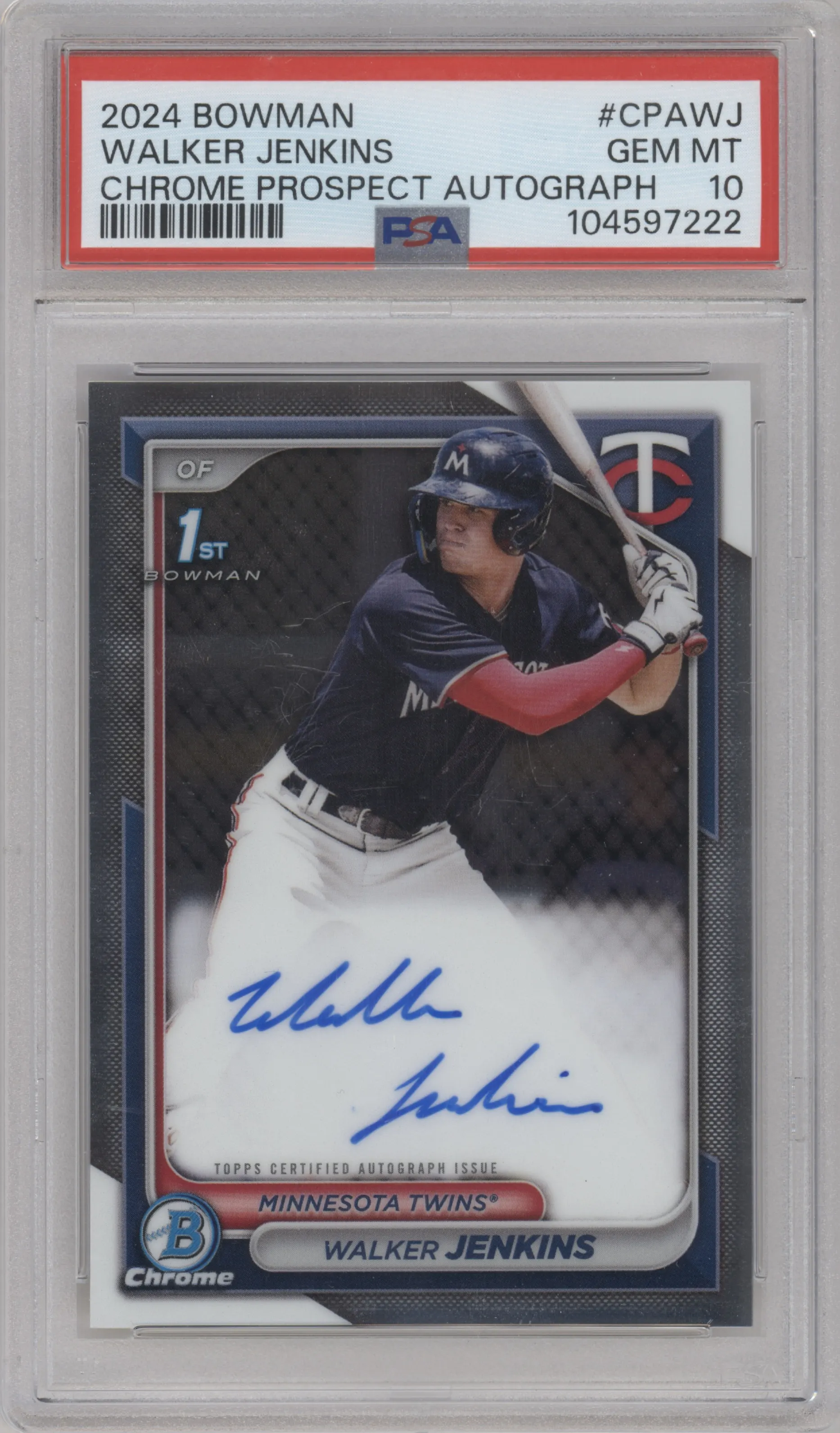 Walker Jenkins from the 2024 Bowman set graded by PSA and given an overall grade of 10.