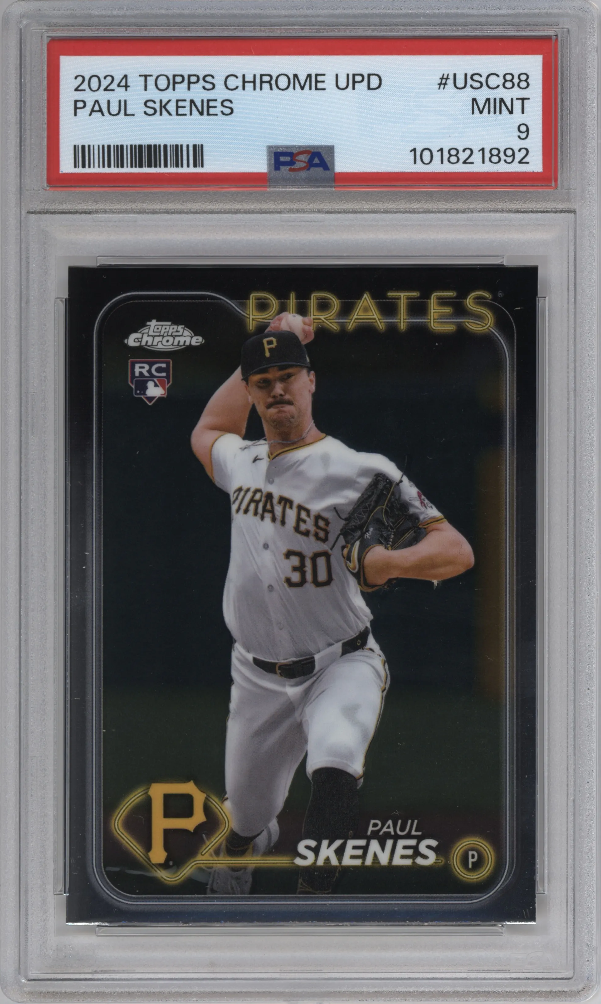 Paul Skenes from the 2024 Topps Chrome Update set graded by PSA and given an overall grade of 9.
