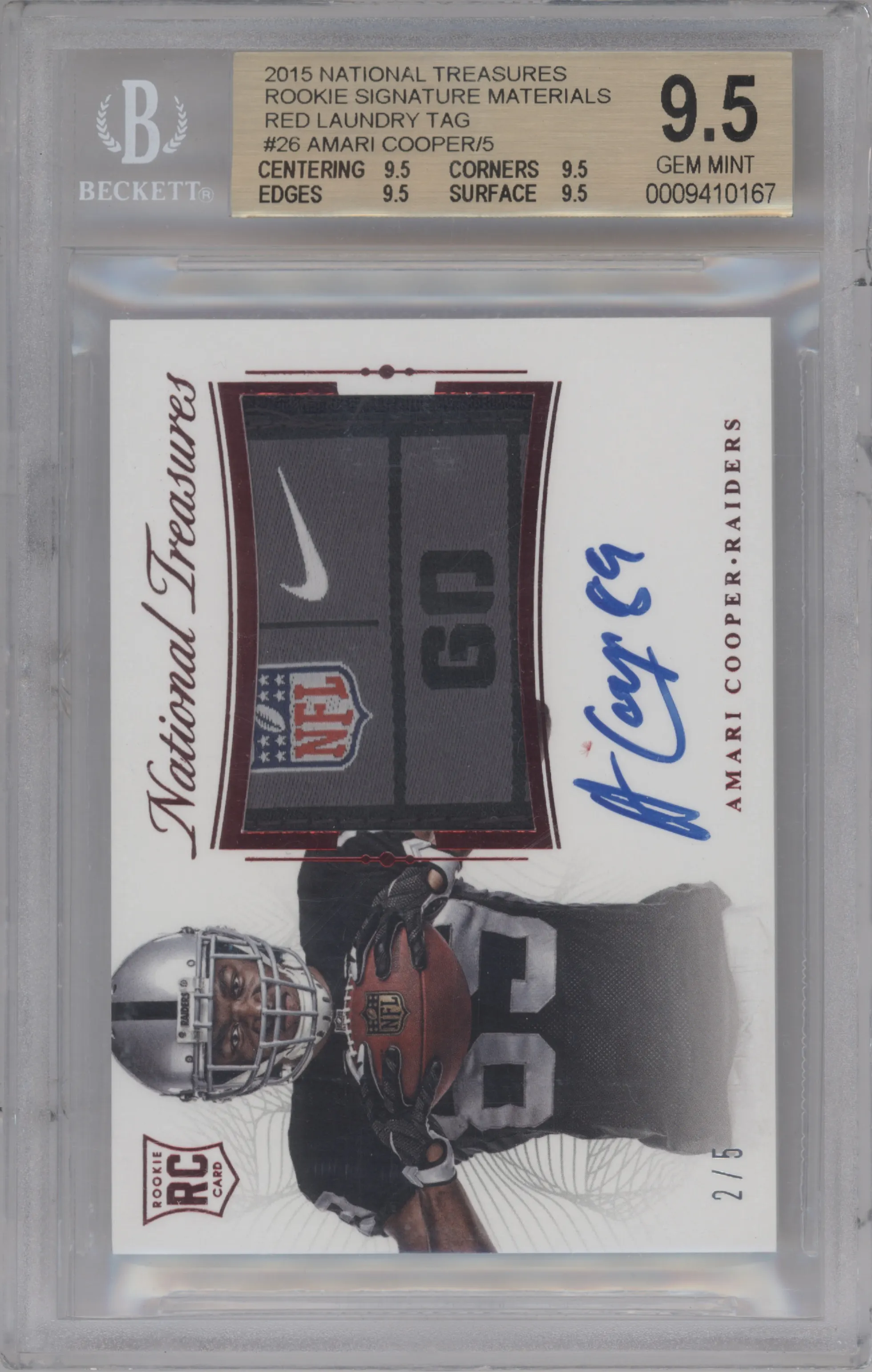 Amari Cooper from the 2015 Panini National Treasures set featuring a Red Laundry Tag parallel graded by Beckett and given an overall grade of 9.5.