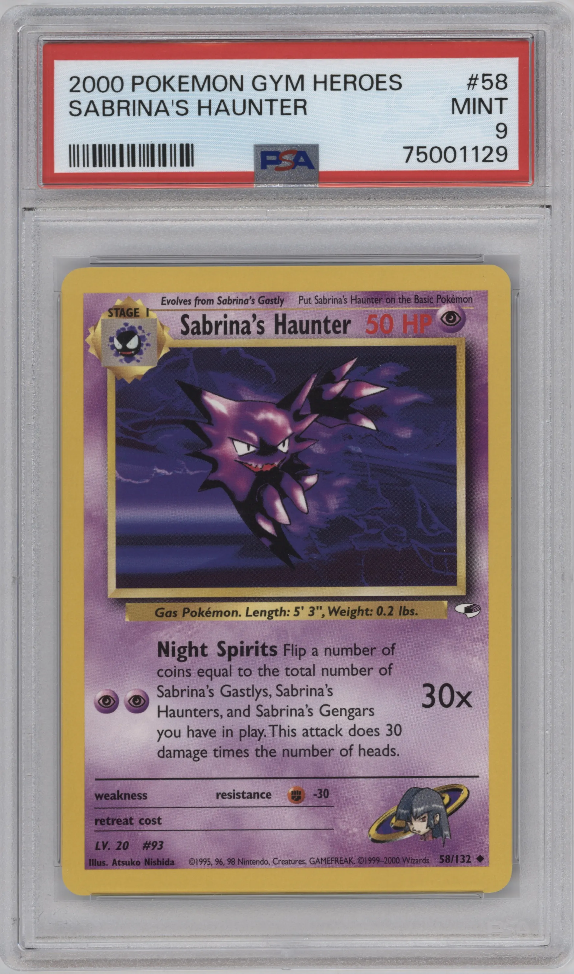 Sabrina's Haunter from the 2000 Pokemon GH set graded by PSA and given an overall grade of 9.
