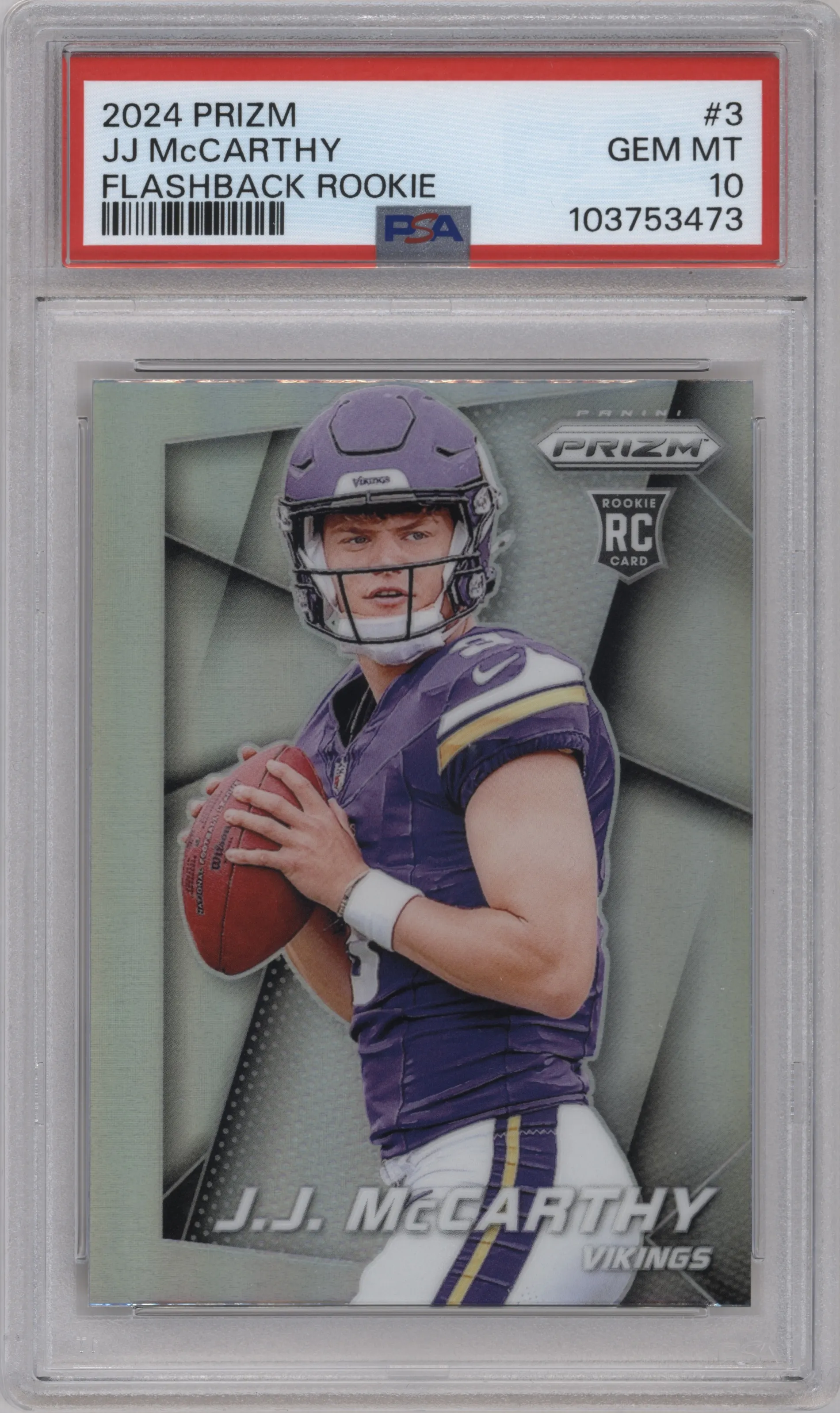 J.J. McCarthy from the 2024 Panini Prizm set graded by PSA and given an overall grade of 10.