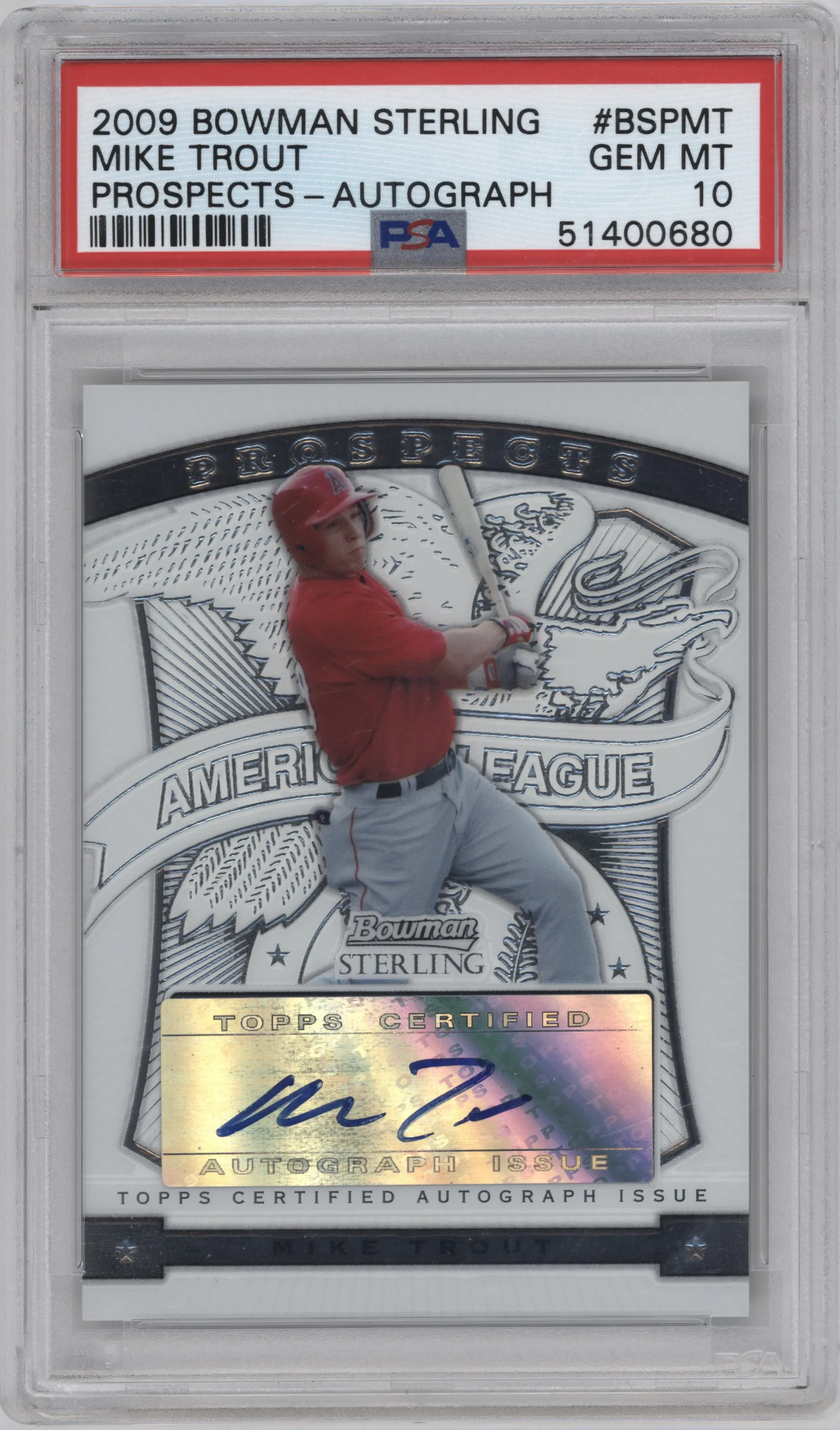 Mike Trout from the 2009 Bowman Sterling set graded by PSA and given an overall grade of 10.