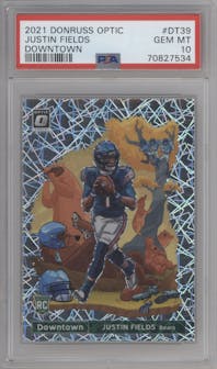 Justin Fields from the 2021 Panini Donruss Optic set graded by PSA and given an overall grade of 10.