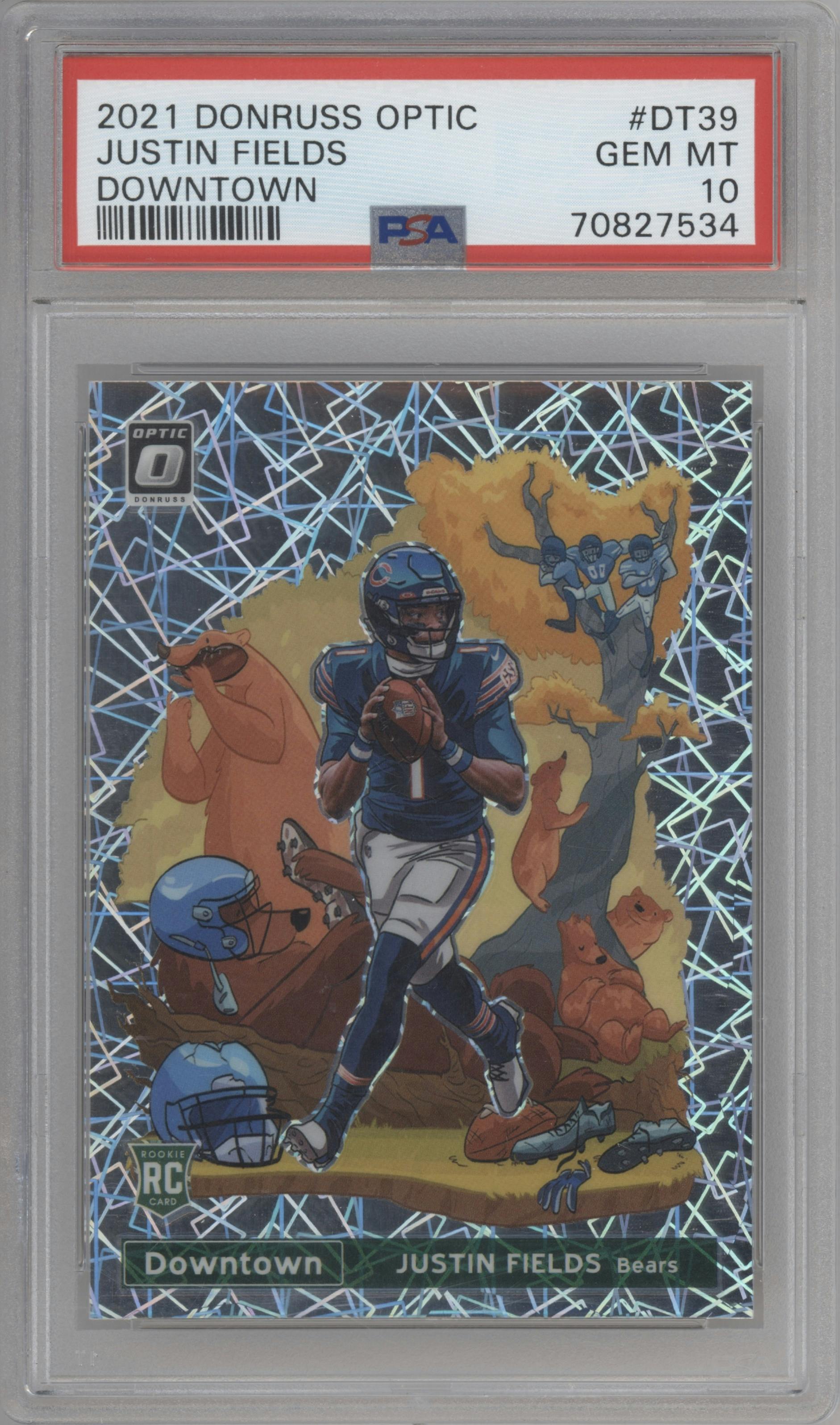 Justin Fields from the 2021 Panini Donruss Optic set graded by PSA and given an overall grade of 10.