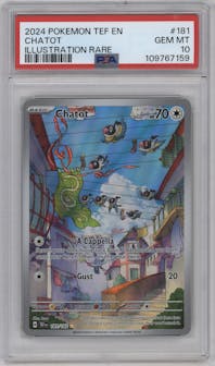 Chatot from the 2024 Pokemon SV set graded by PSA and given an overall grade of 10.