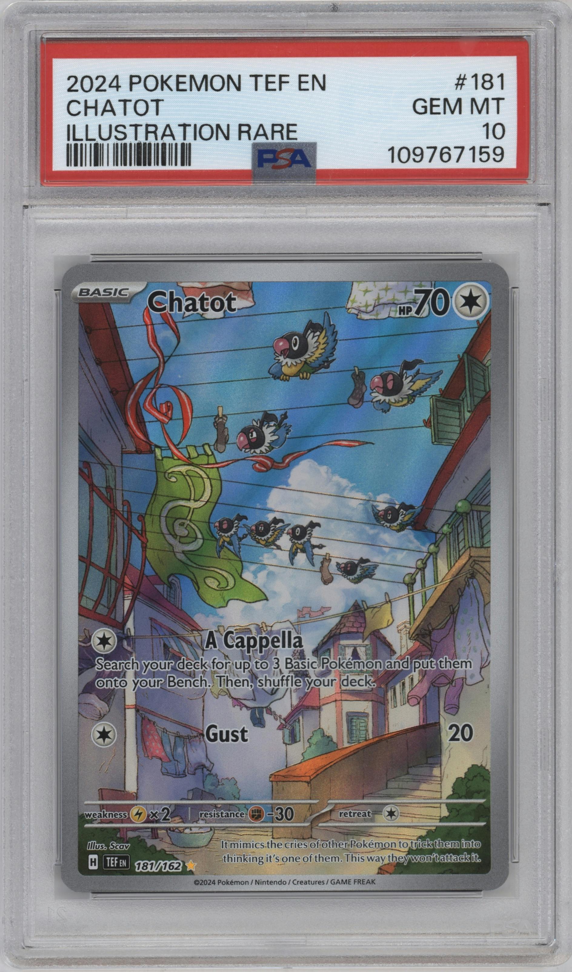 Chatot from the 2024 Pokemon SV set graded by PSA and given an overall grade of 10.