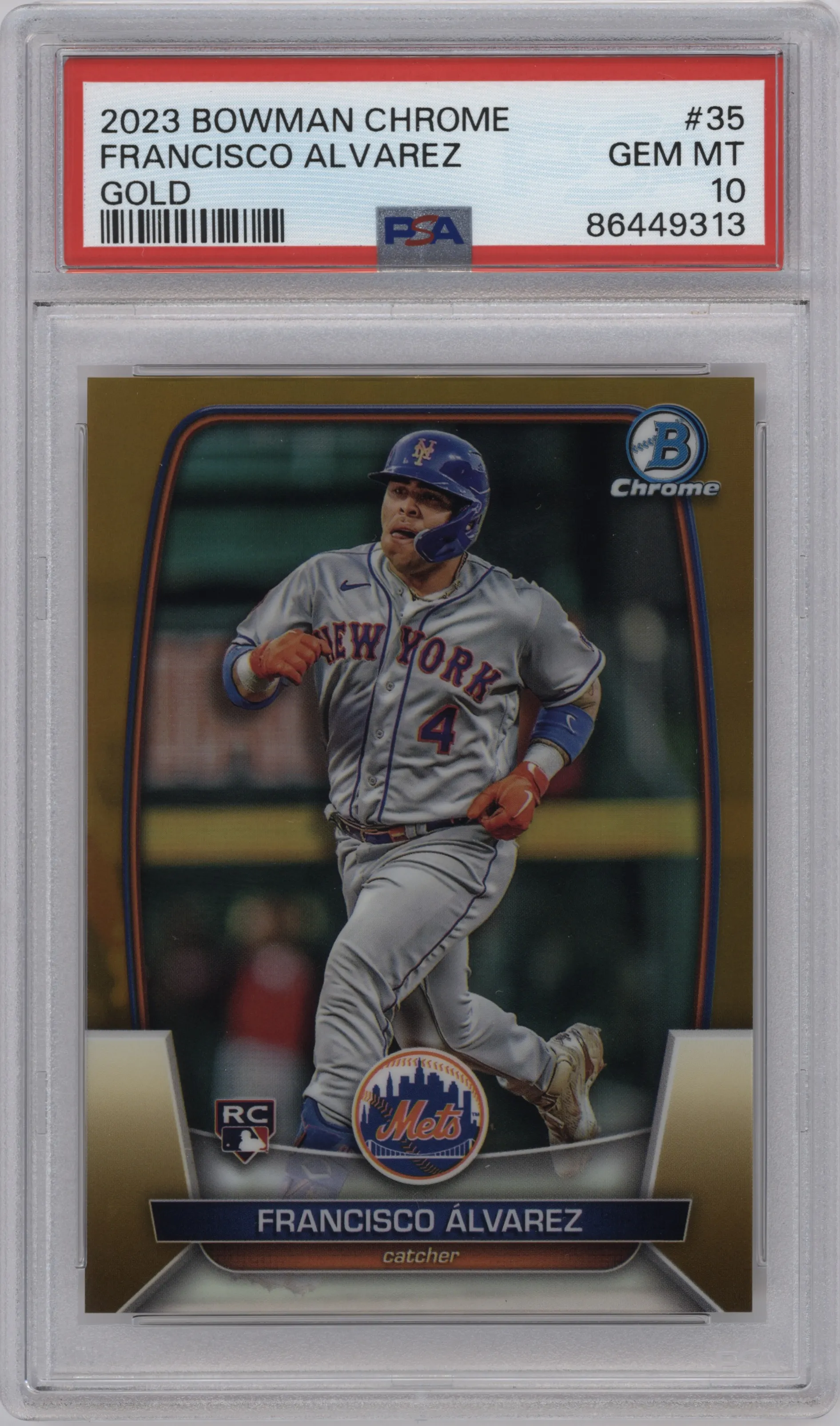 Francisco Alvarez from the 2023 Bowman Chrome set featuring a Gold Refractor parallel graded by PSA and given an overall grade of 10.