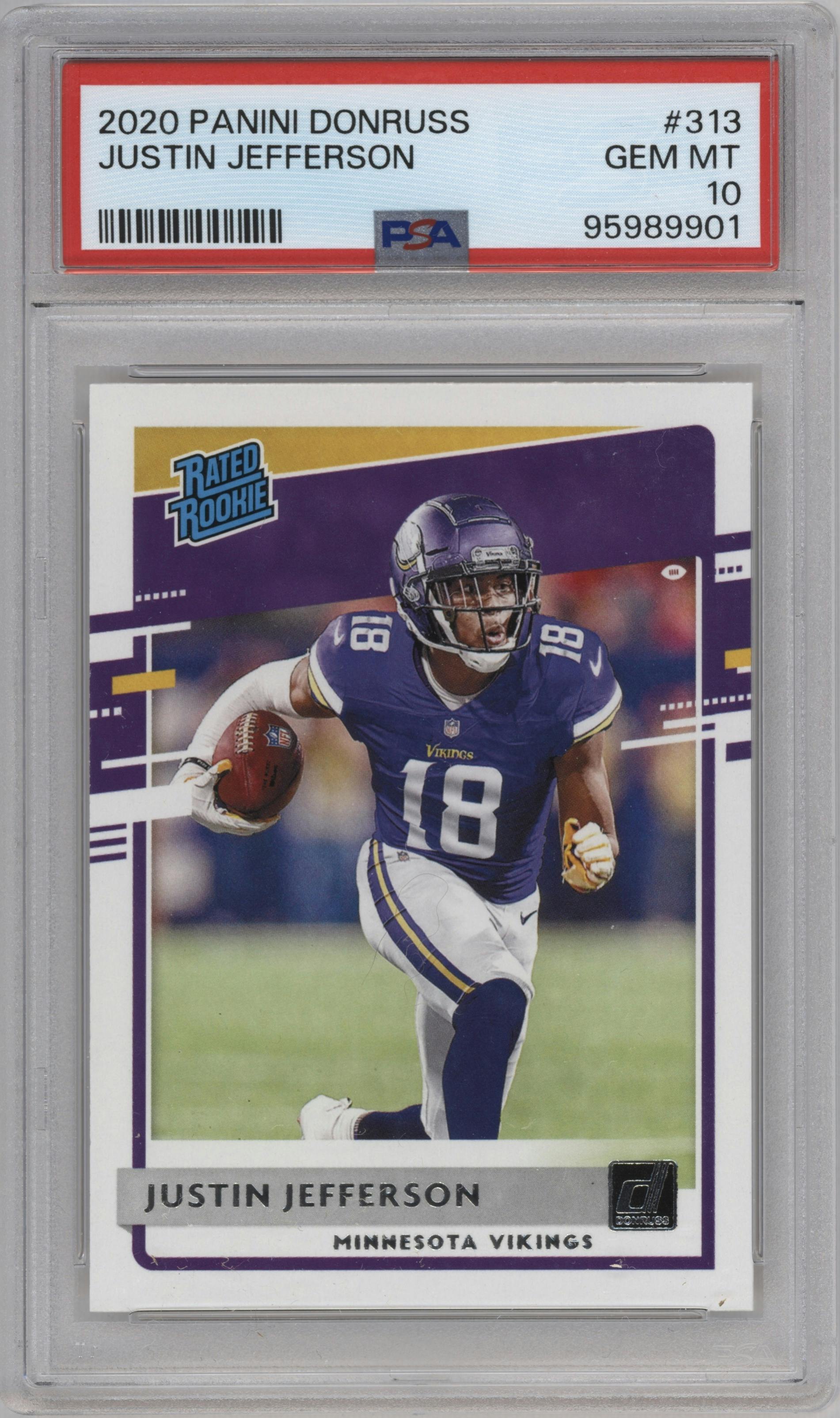 Justin Jefferson from the 2020 Panini Donruss set graded by PSA and given an overall grade of 10.