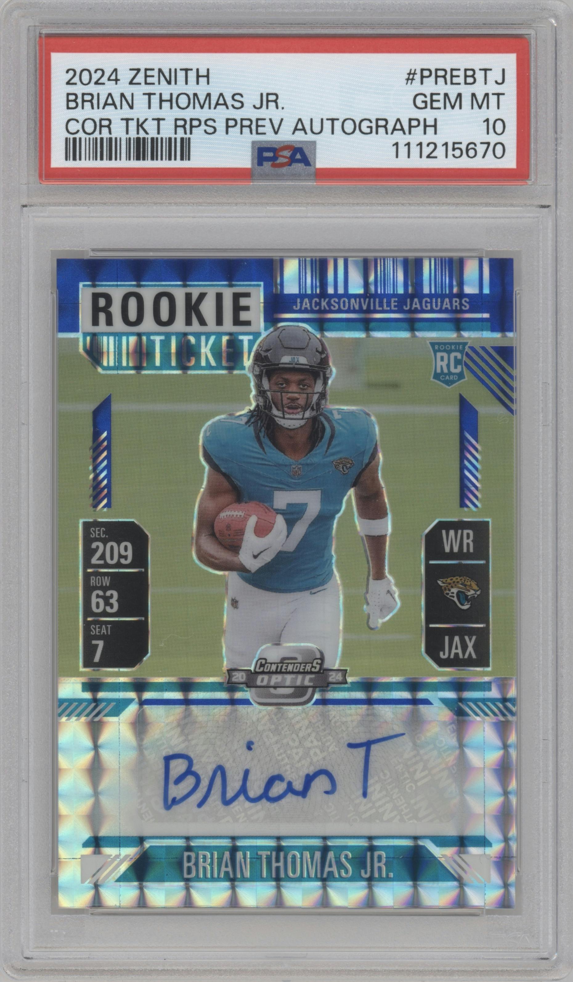 Brian Thomas Jr. from the 2024 Panini Zenith set graded by PSA and given an overall grade of 10.
