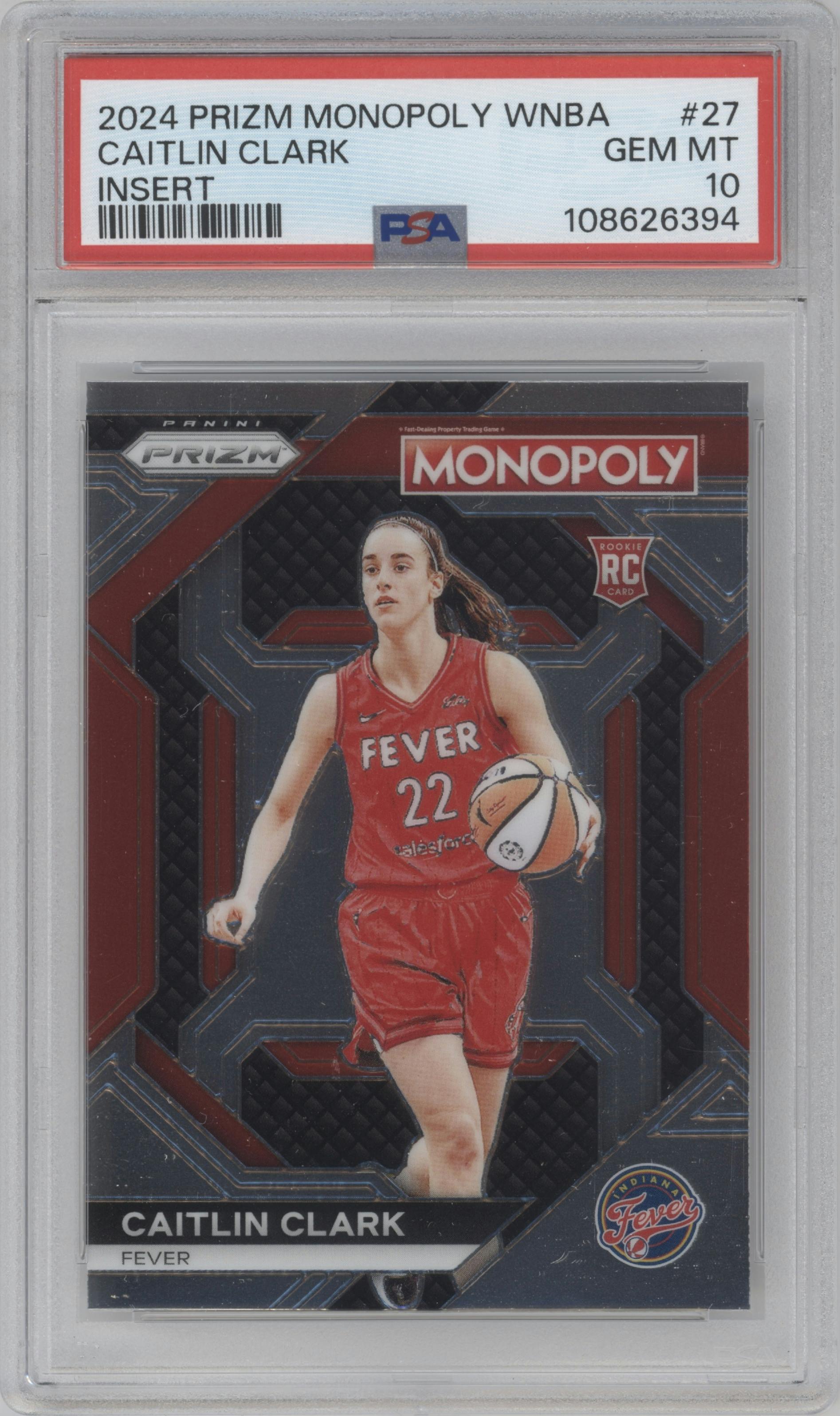 Caitlin Clark from the 2024 Panini Prizm Monopoly WNBA set graded by PSA and given an overall grade of 10.