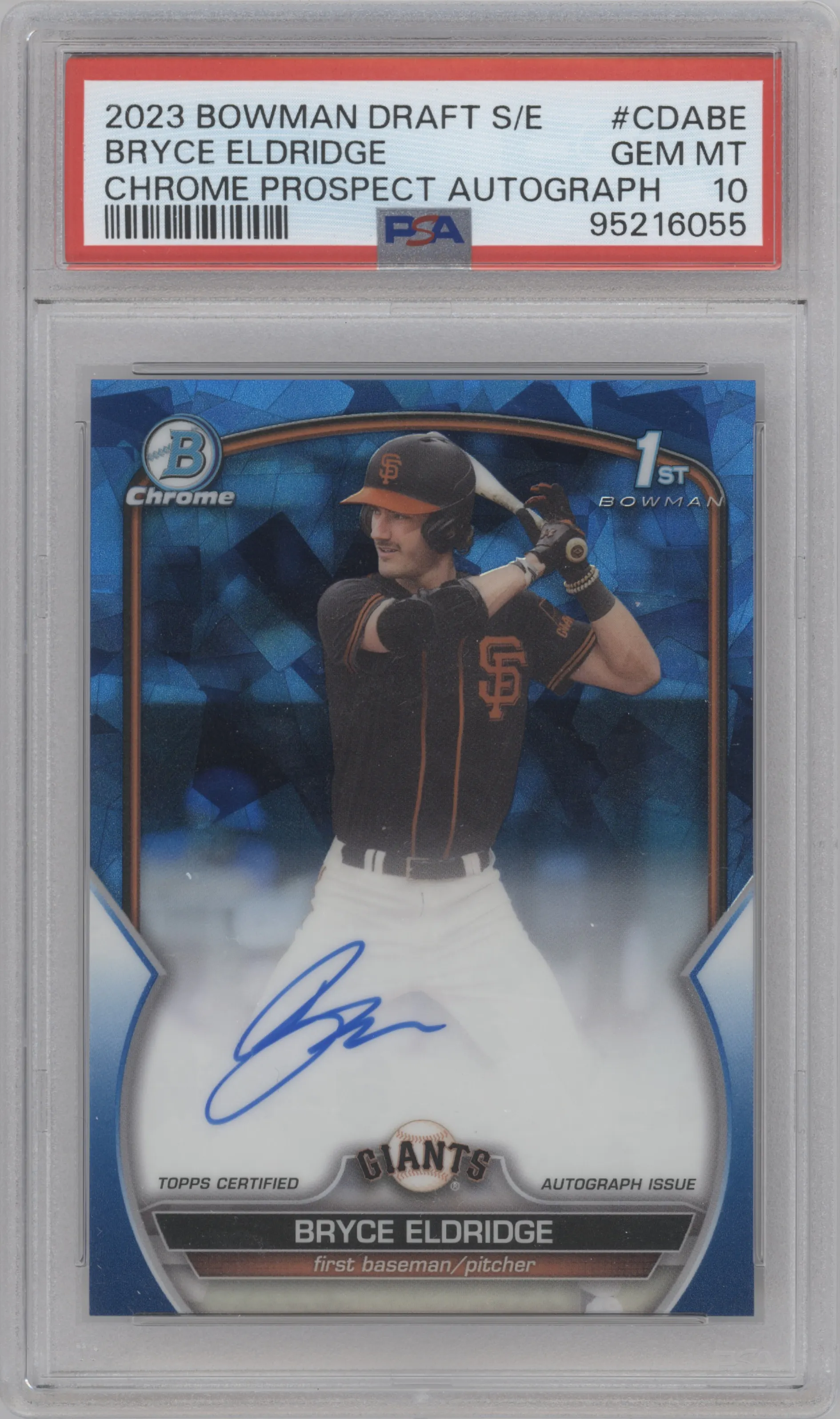 Bryce Eldridge from the 2023 Bowman Draft Sapphire set graded by PSA and given an overall grade of 10.