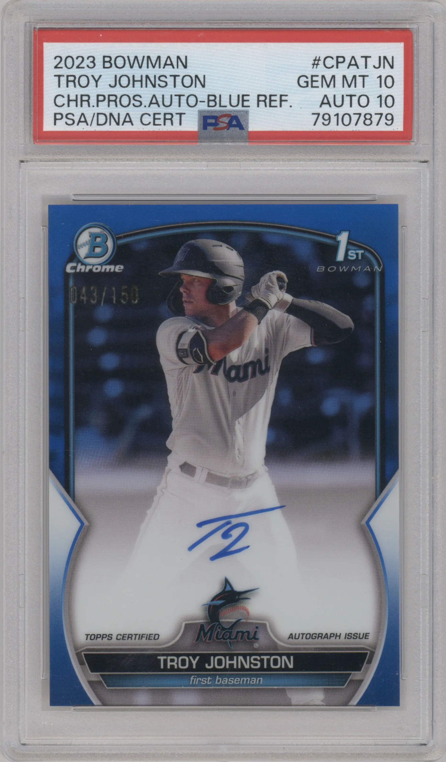 Troy Johnston from the 2023 Bowman  set featuring a Blue Refractor parallel graded by PSA and given an overall grade of 10.