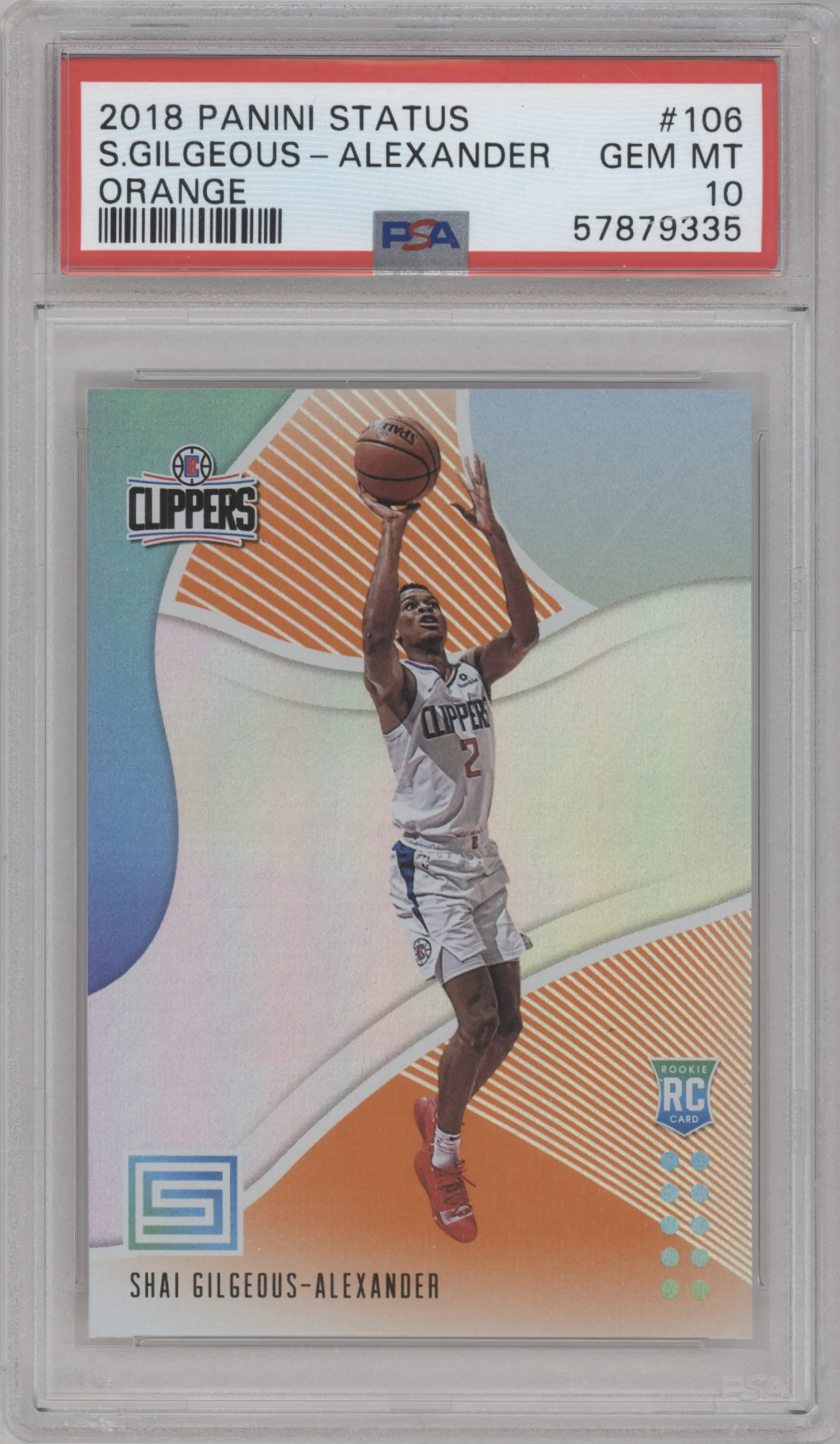 Shai Gilgeous-Alexander from the 2018-19 Panini Status set featuring a Orange parallel graded by PSA and given an overall grade of 10.
