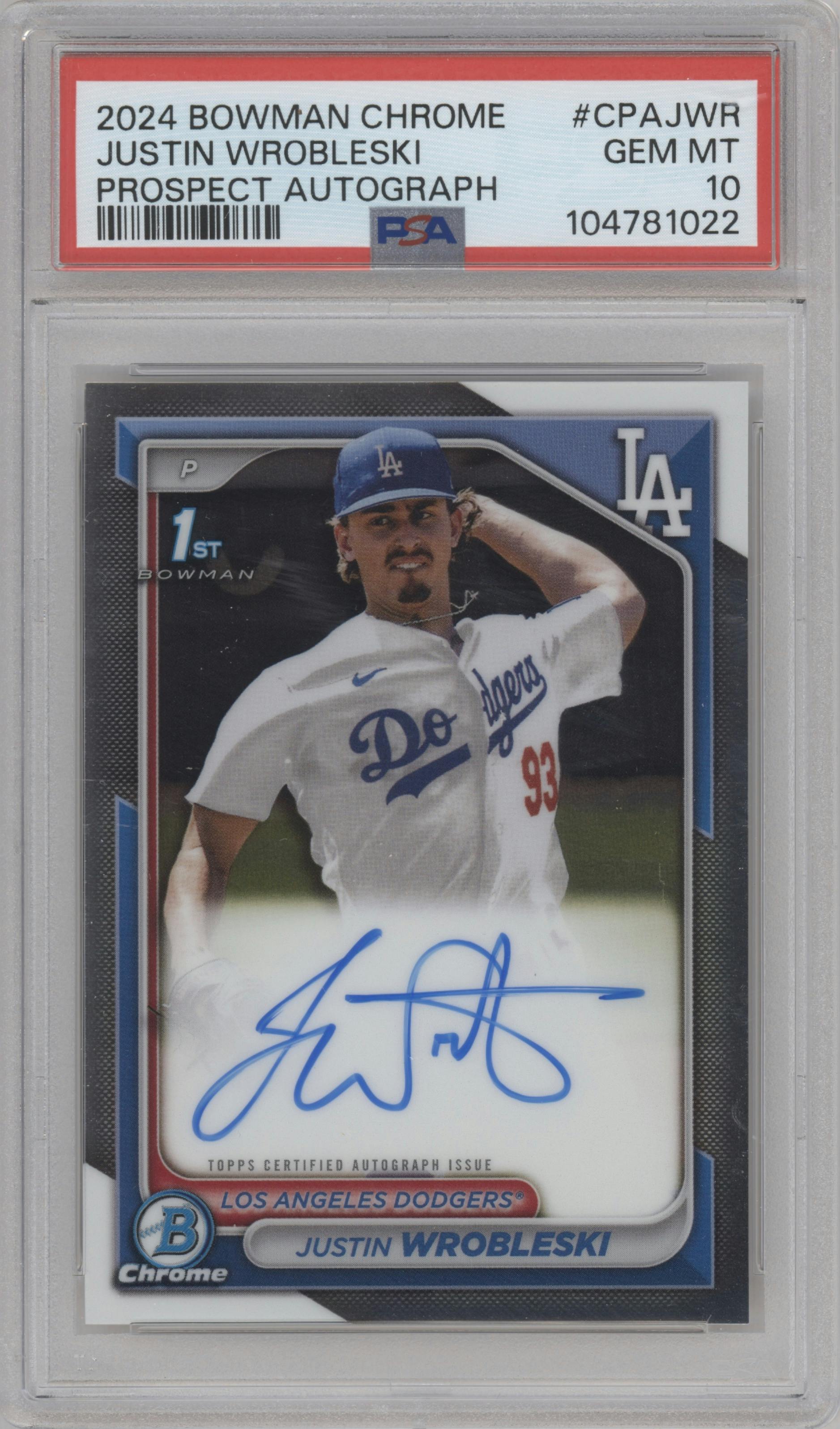 Justin Wrobleski from the 2024 Bowman Chrome set graded by PSA and given an overall grade of 10.
