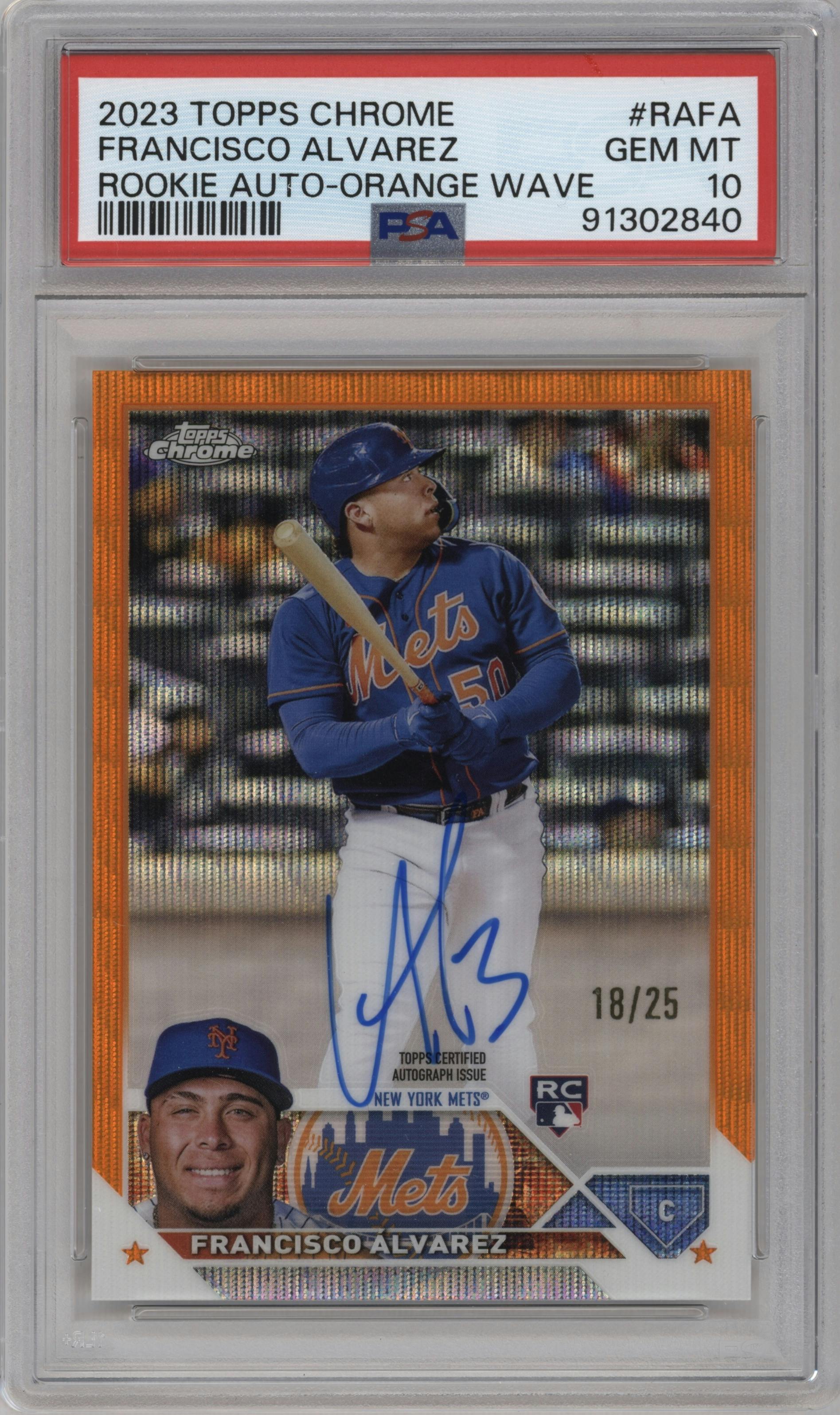 Francisco Alvarez from the 2023 Topps Chrome set featuring a Orange Wave Refractor parallel graded by PSA and given an overall grade of 10.