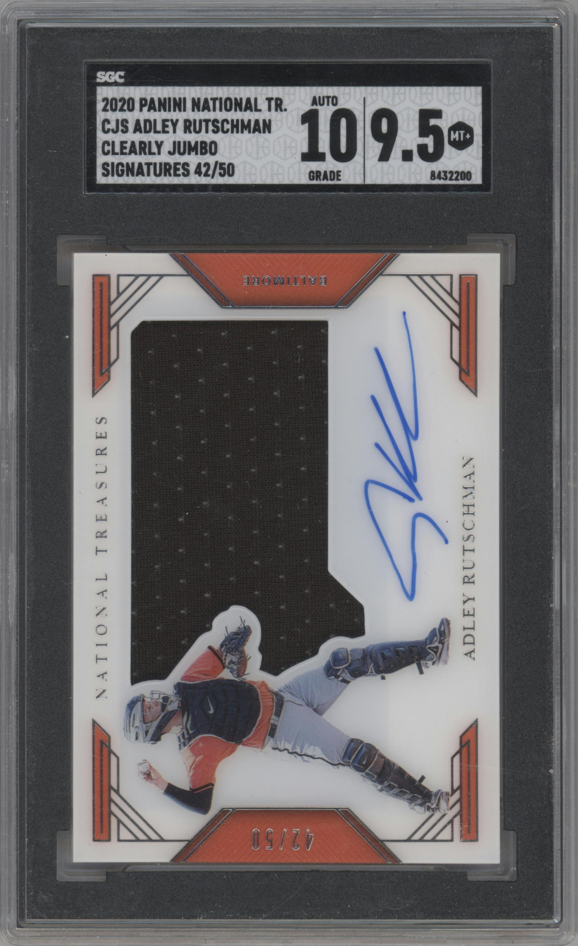 Adley Rutschman from the 2021 Panini National Treasures set graded by SGC and given an overall grade of 9.5.