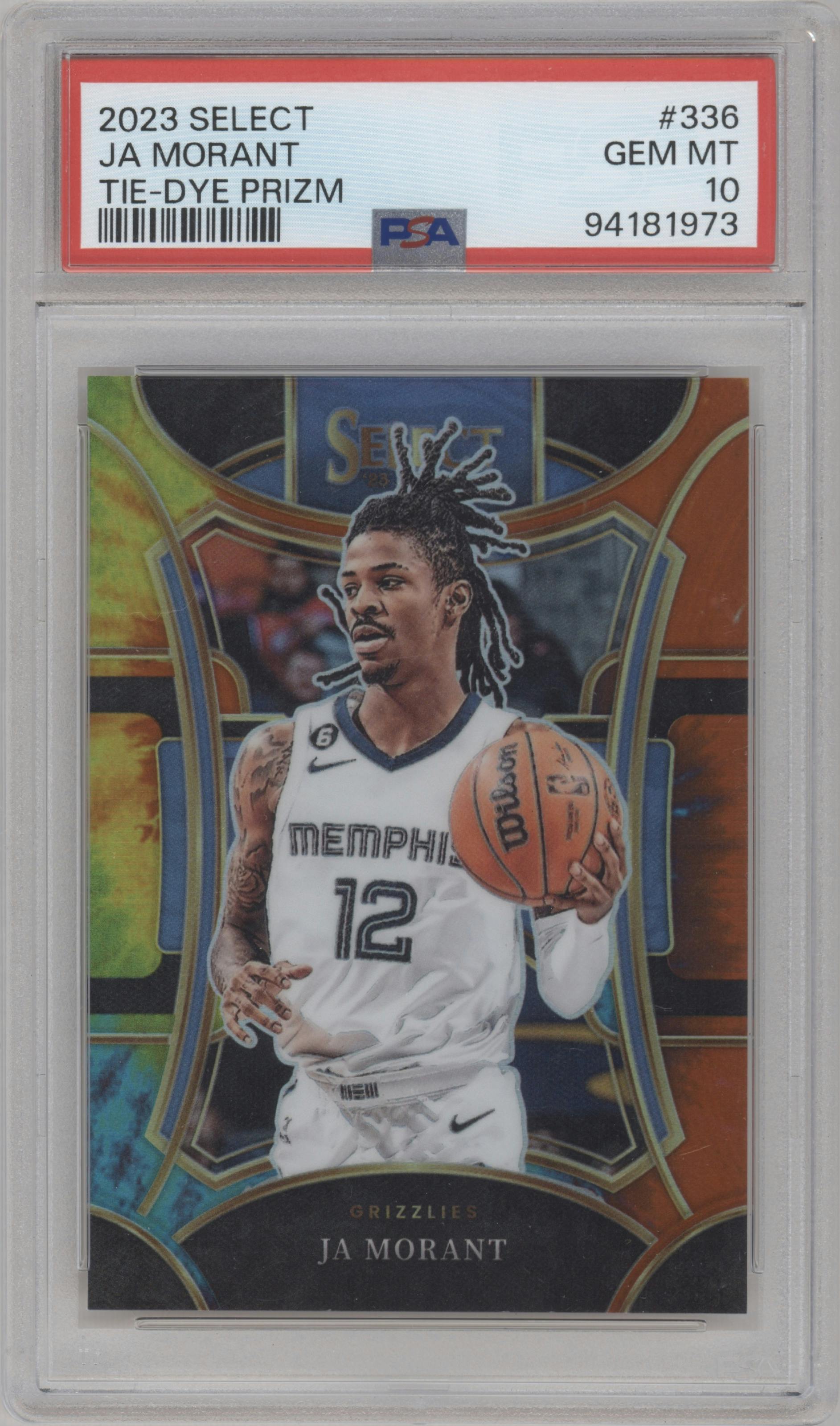 Ja Morant from the 2023-24 Panini Select  set featuring a Tie-Dye parallel graded by PSA and given an overall grade of 10.
