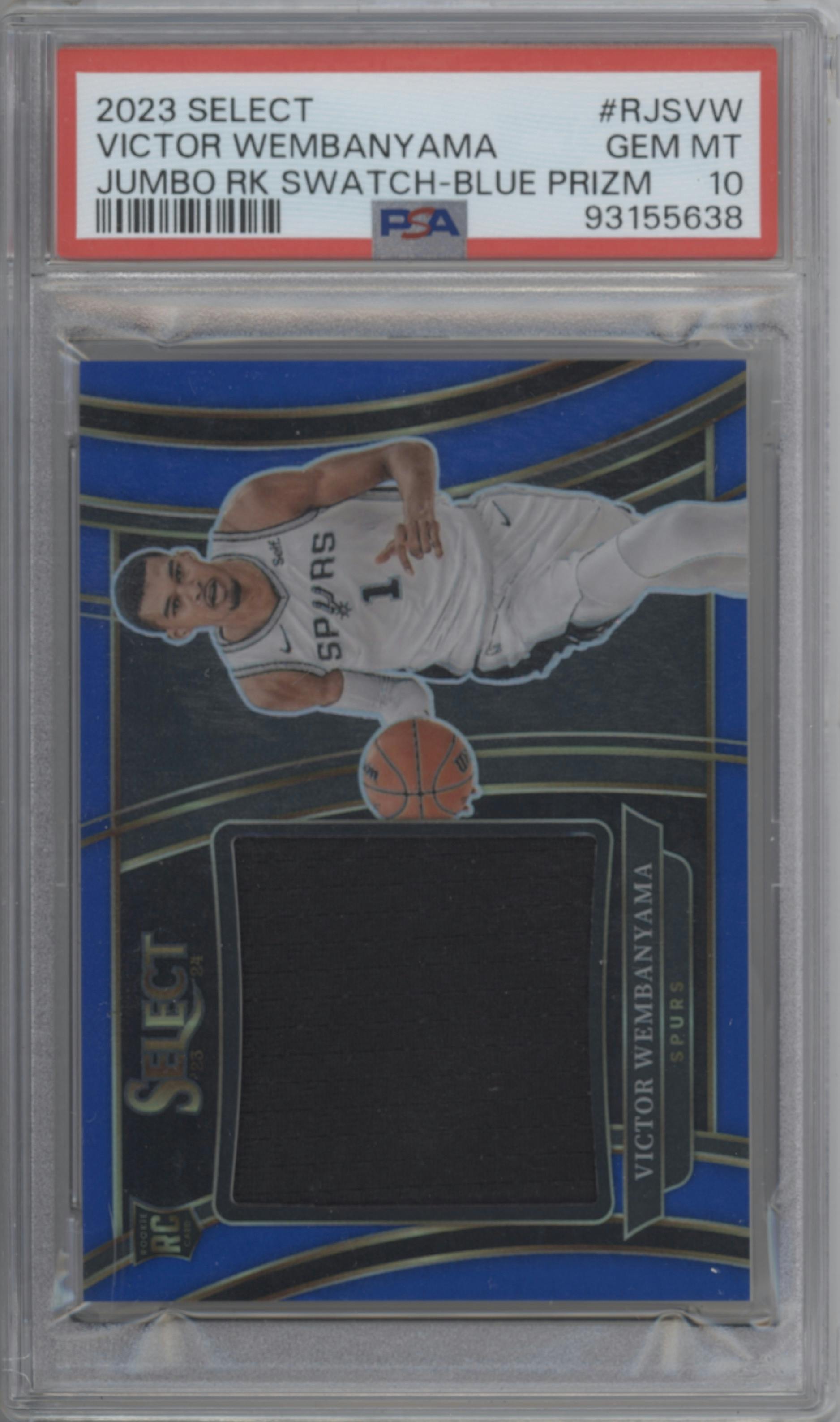 Victor Wembanyama from the 2023-24 Panini Select  set featuring a Blue parallel graded by PSA and given an overall grade of 10.