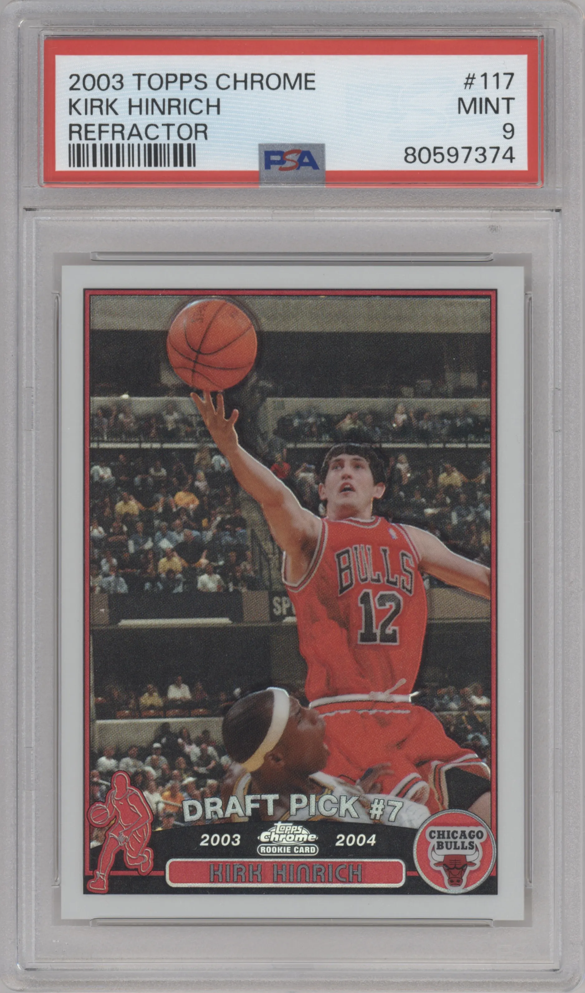 Kirk Hinrich from the 2003-04 Topps Chrome set featuring a Refractor parallel graded by PSA and given an overall grade of 9.