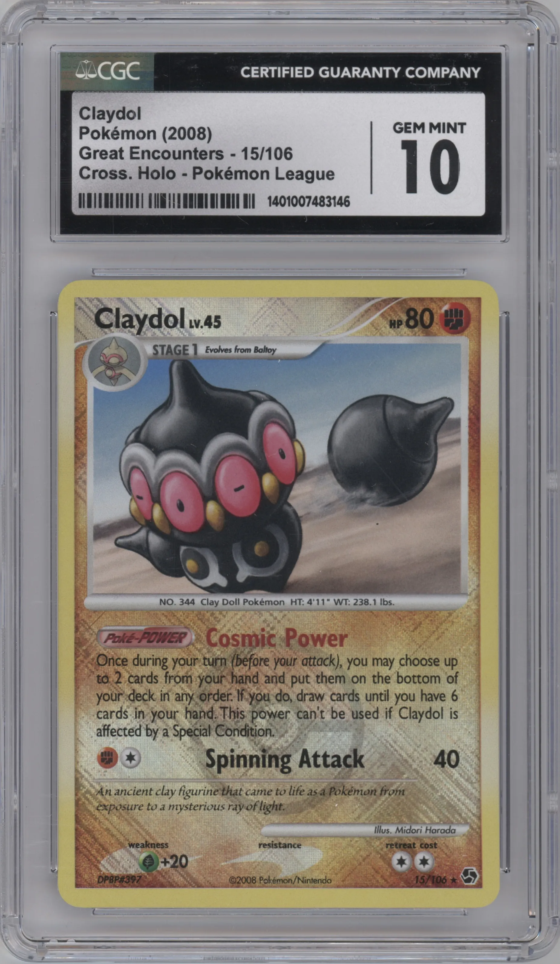 Claydol from the 2008 Pokemon D&P set featuring a Pokemon League parallel graded by CSG and given an overall grade of 10.