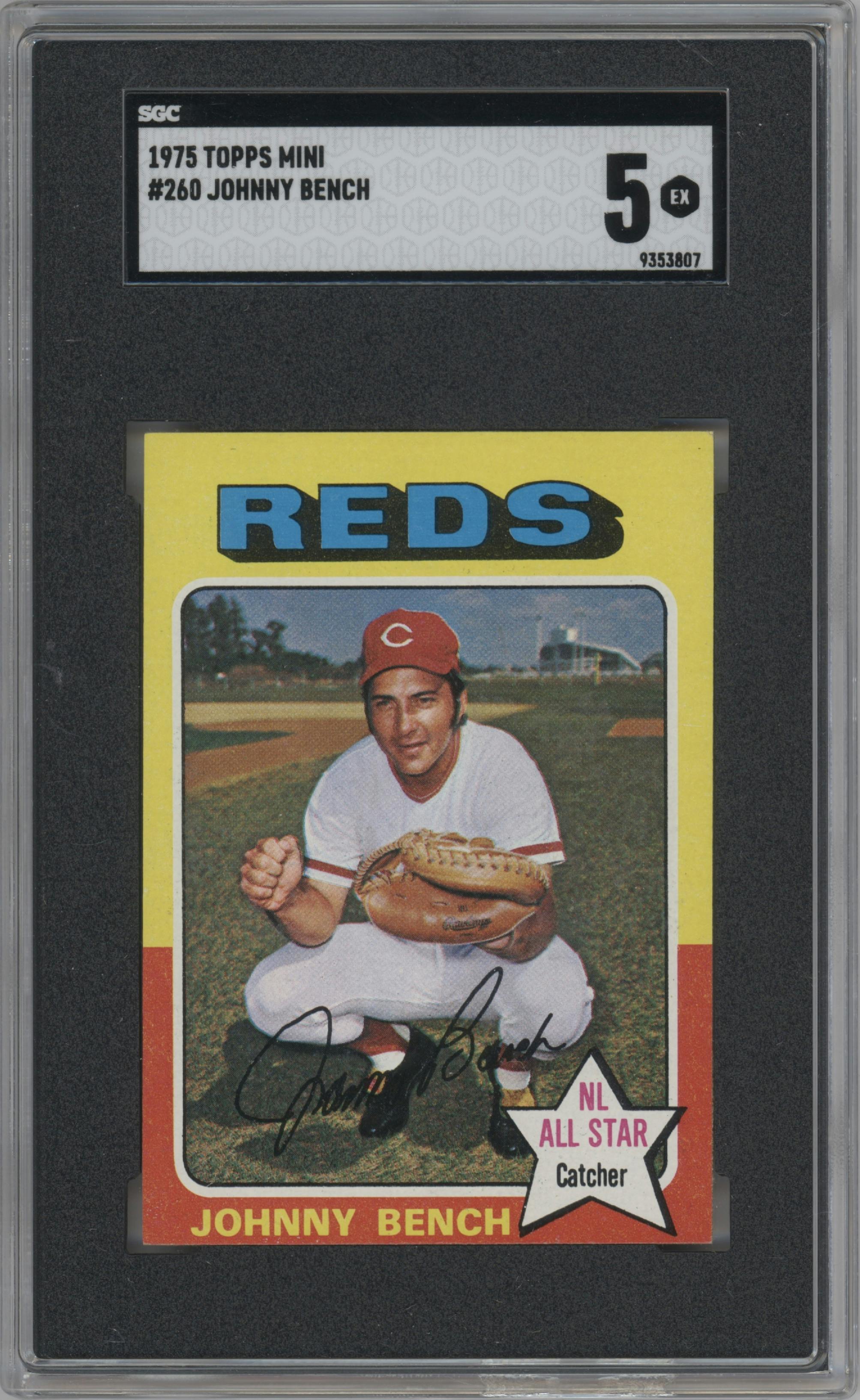 Johnny Bench from the 1975 Topps Mini set graded by SGC and given an overall grade of 5.