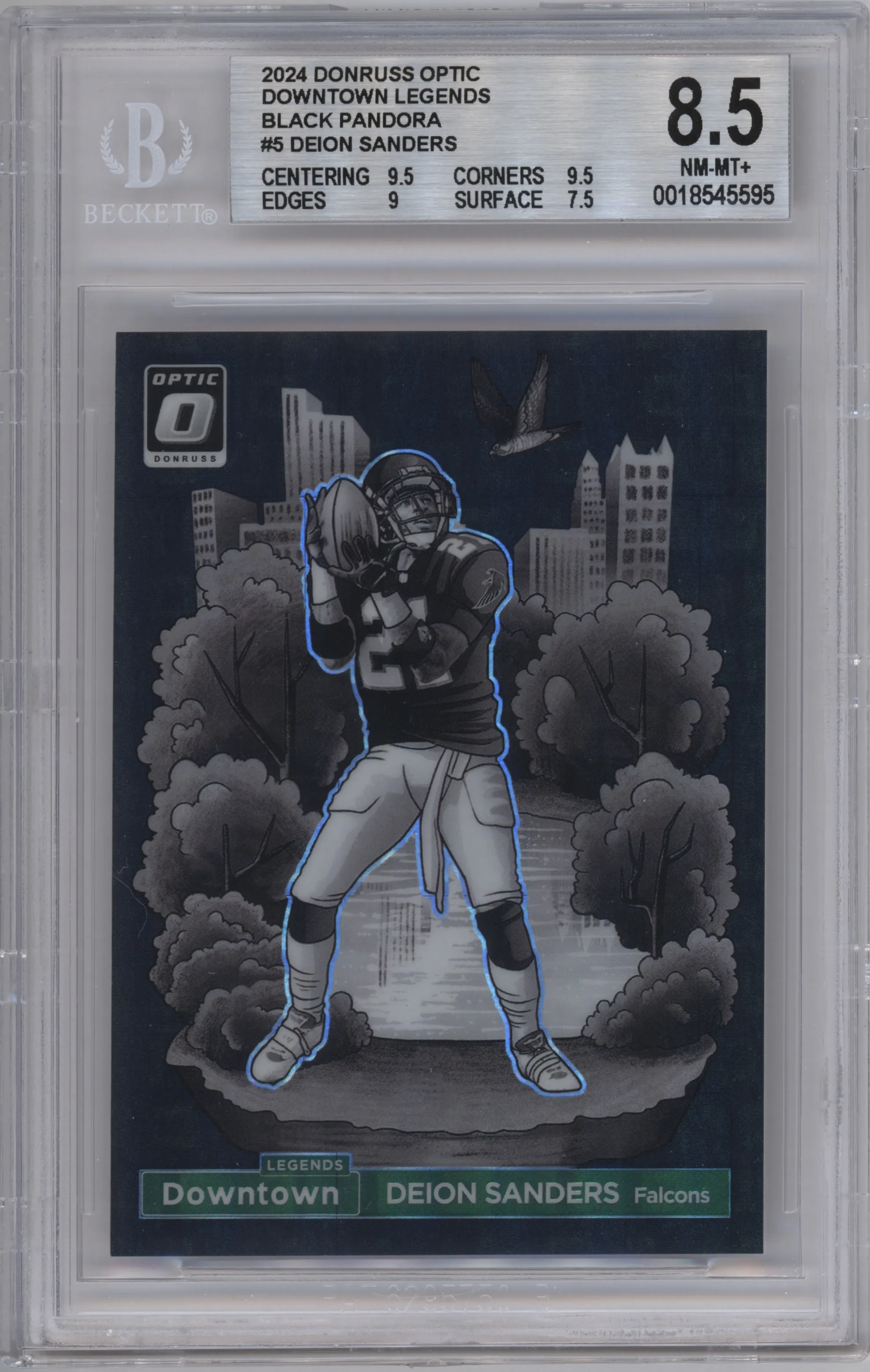 Deion Sanders from the 2024 Donruss Optic set featuring a Black Pandora parallel graded by Beckett and given an overall grade of 8.5.