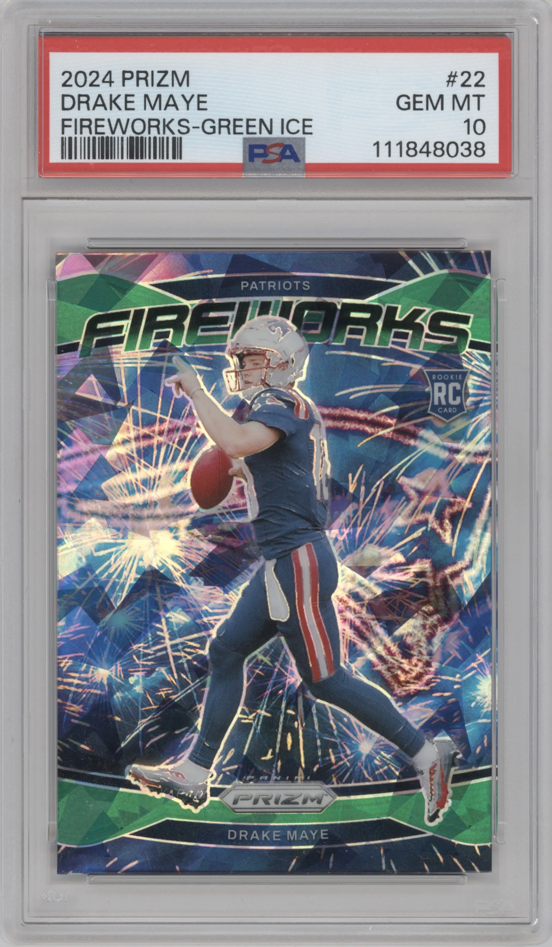 Drake Maye from the 2024 Panini Prizm set featuring a Green Ice parallel graded by PSA and given an overall grade of 10.