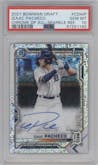 Izaac Pacheco from the 2021 Bowman Draft set featuring a Sparkle Refractor parallel graded by PSA and given an overall grade of 10.