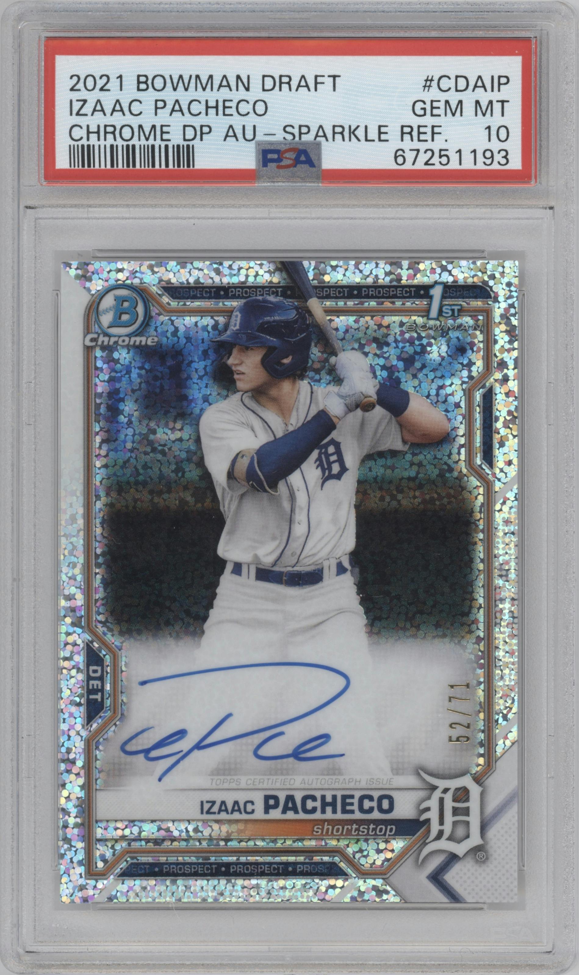 Izaac Pacheco from the 2021 Bowman Draft set featuring a Sparkle Refractor parallel graded by PSA and given an overall grade of 10.