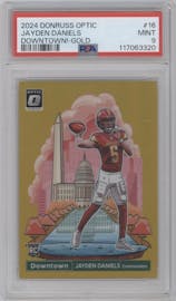 Jayden Daniels from the 2024 Donruss Optic set featuring a Gold parallel graded by PSA and given an overall grade of 9.