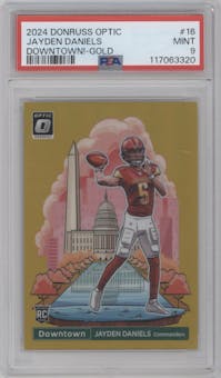 Jayden Daniels from the 2024 Donruss Optic set featuring a Gold parallel graded by PSA and given an overall grade of 9.