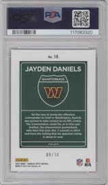 Jayden Daniels from the 2024 Donruss Optic set featuring a Gold parallel graded by PSA and given an overall grade of 9.