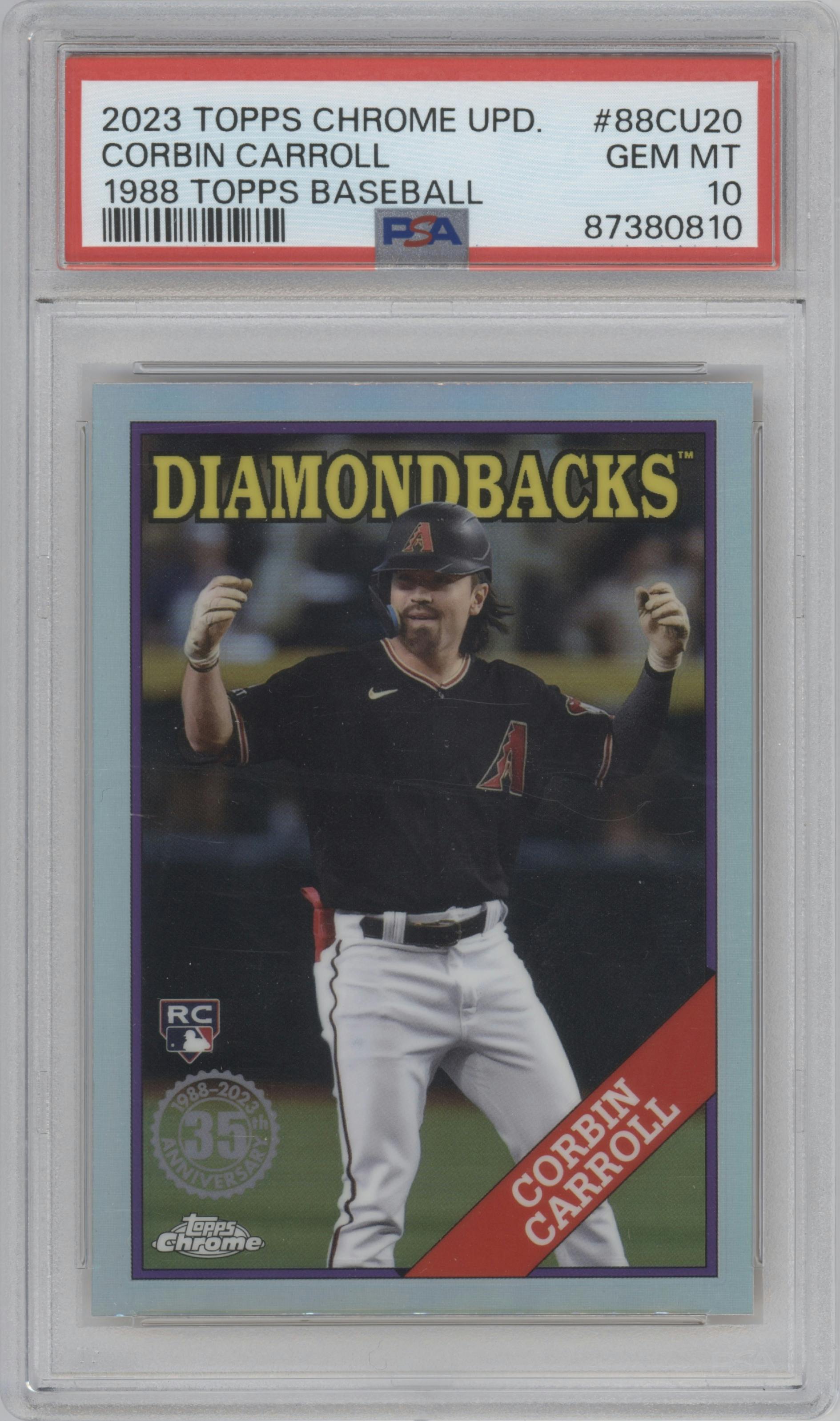 Corbin Carroll from the 2023 Topps Chrome Update set graded by PSA and given an overall grade of 10.