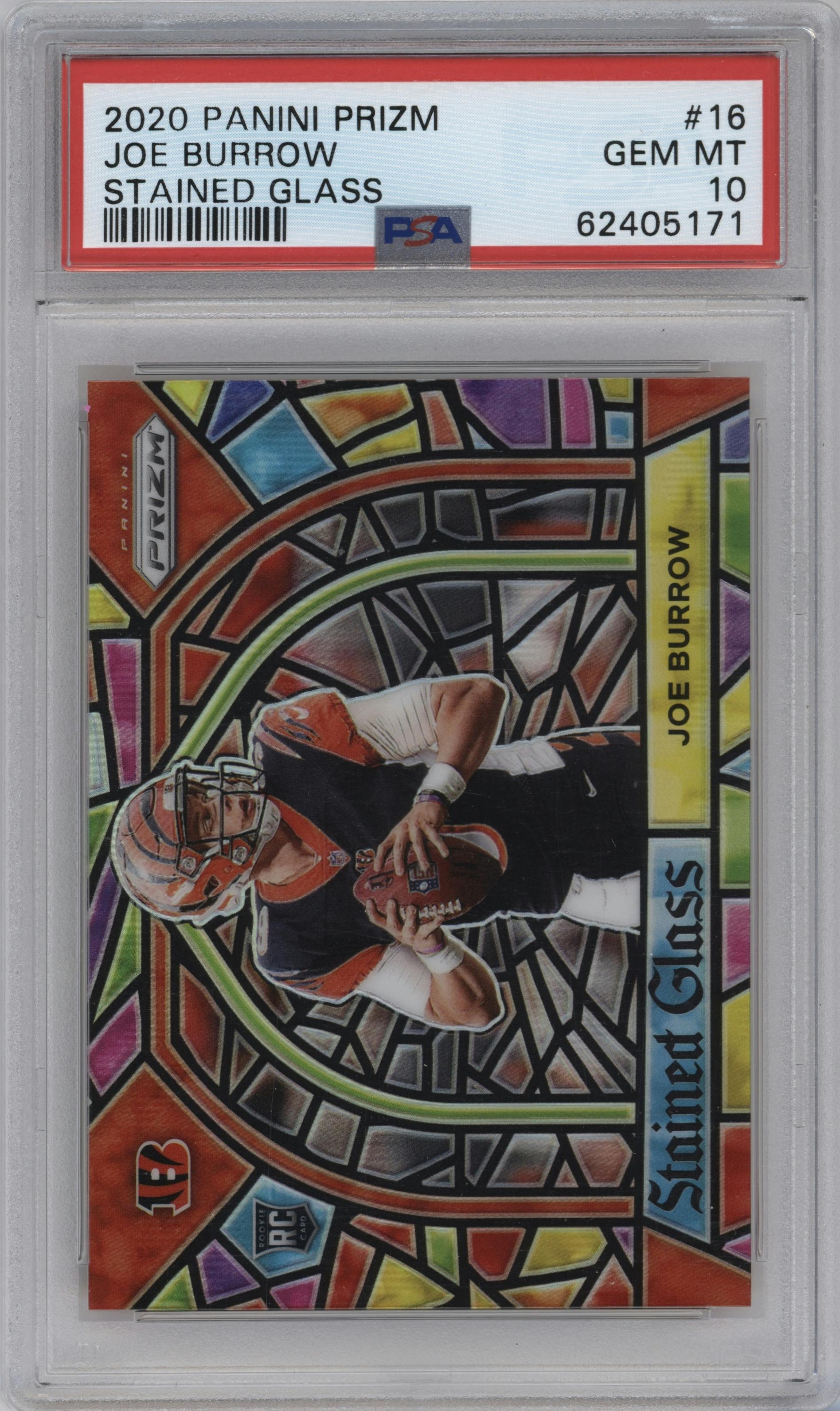 Joe Burrow from the 2020 Panini Prizm set graded by PSA and given an overall grade of 10.