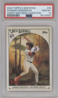 Gunnar Henderson from the 2023 Topps X Bob Ross The Joy of Baseball set featuring a Happy Mistakes Variation parallel graded by PSA and given an overall grade of 10.