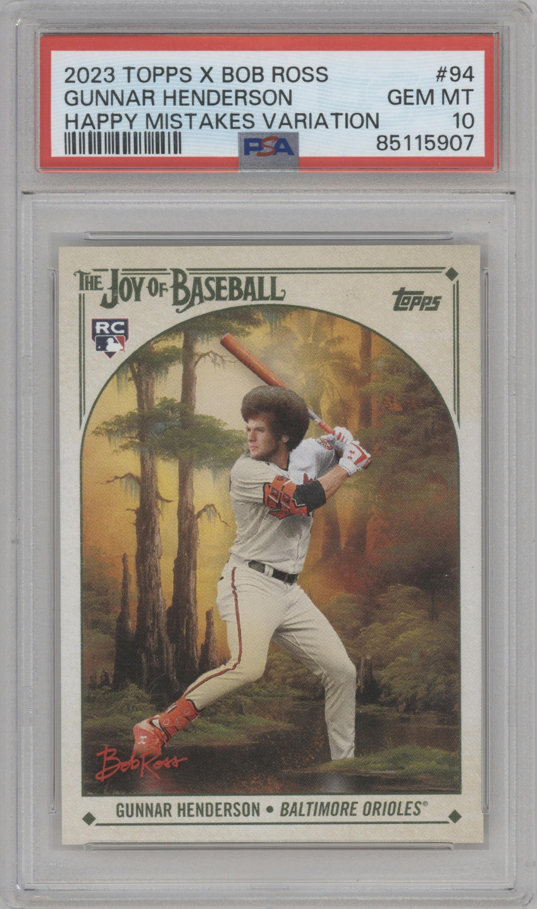Gunnar Henderson from the 2023 Topps X Bob Ross The Joy of Baseball set featuring a Happy Mistakes Variation parallel graded by PSA and given an overall grade of 10.